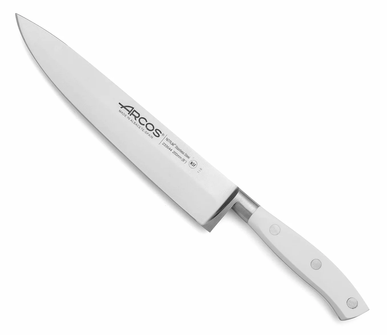 Arcos Cuchillo Chef Forjado Profesional Acero Inoxidable. Cuchillo Cocina para Cortar y Pelar Alimentos. Mango Ergonómico Polioximetileno y Hoja 200mm. Serie Riviera. Color Blanco.