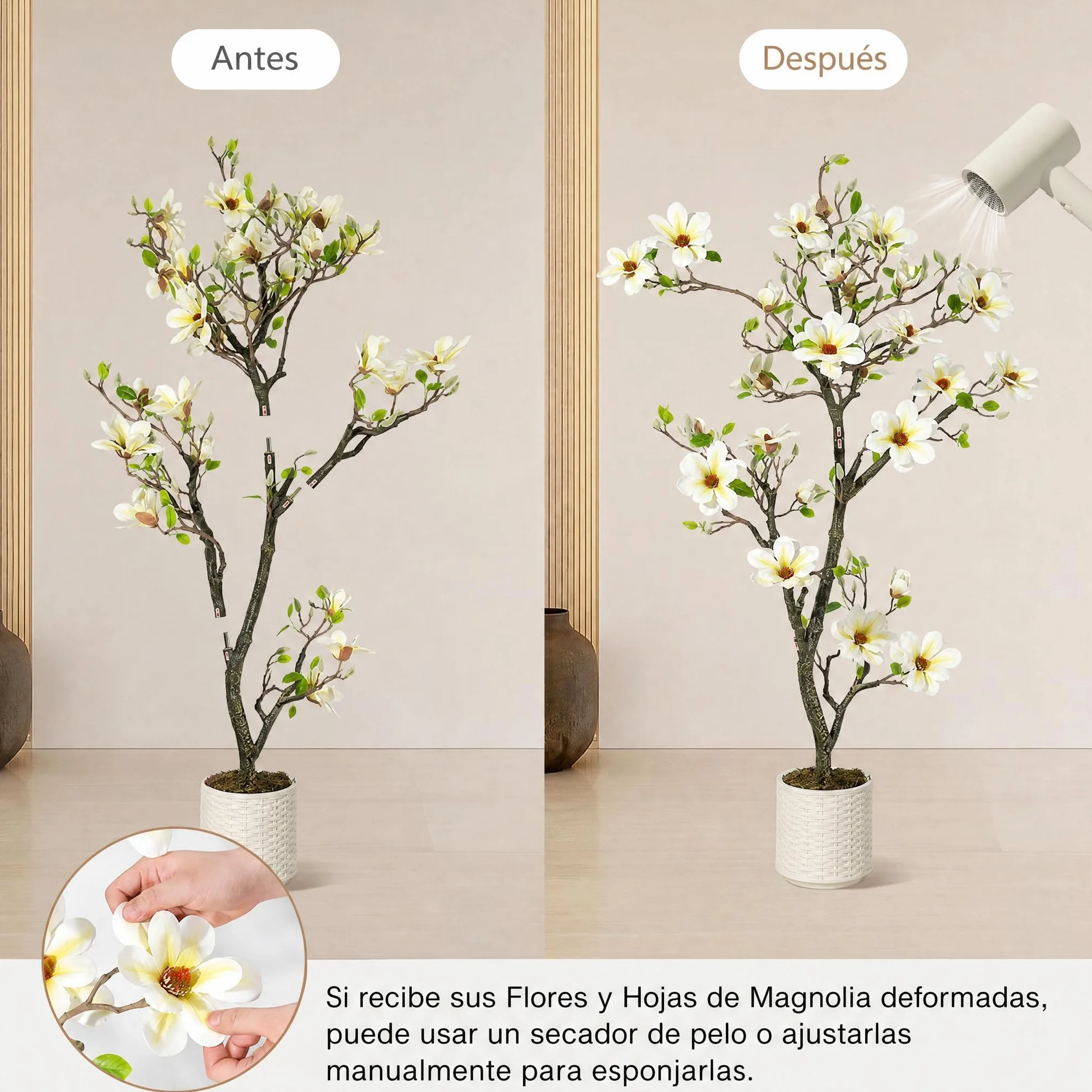 Garvee Árbol Artificial de Magnolia 150cm, con Maceta Blanca, Plantas Artificiales Decorativas para Interior, Salón, Patio, Hogar, Oficina, Porche o Vestíbulo de Hotel, 150cm