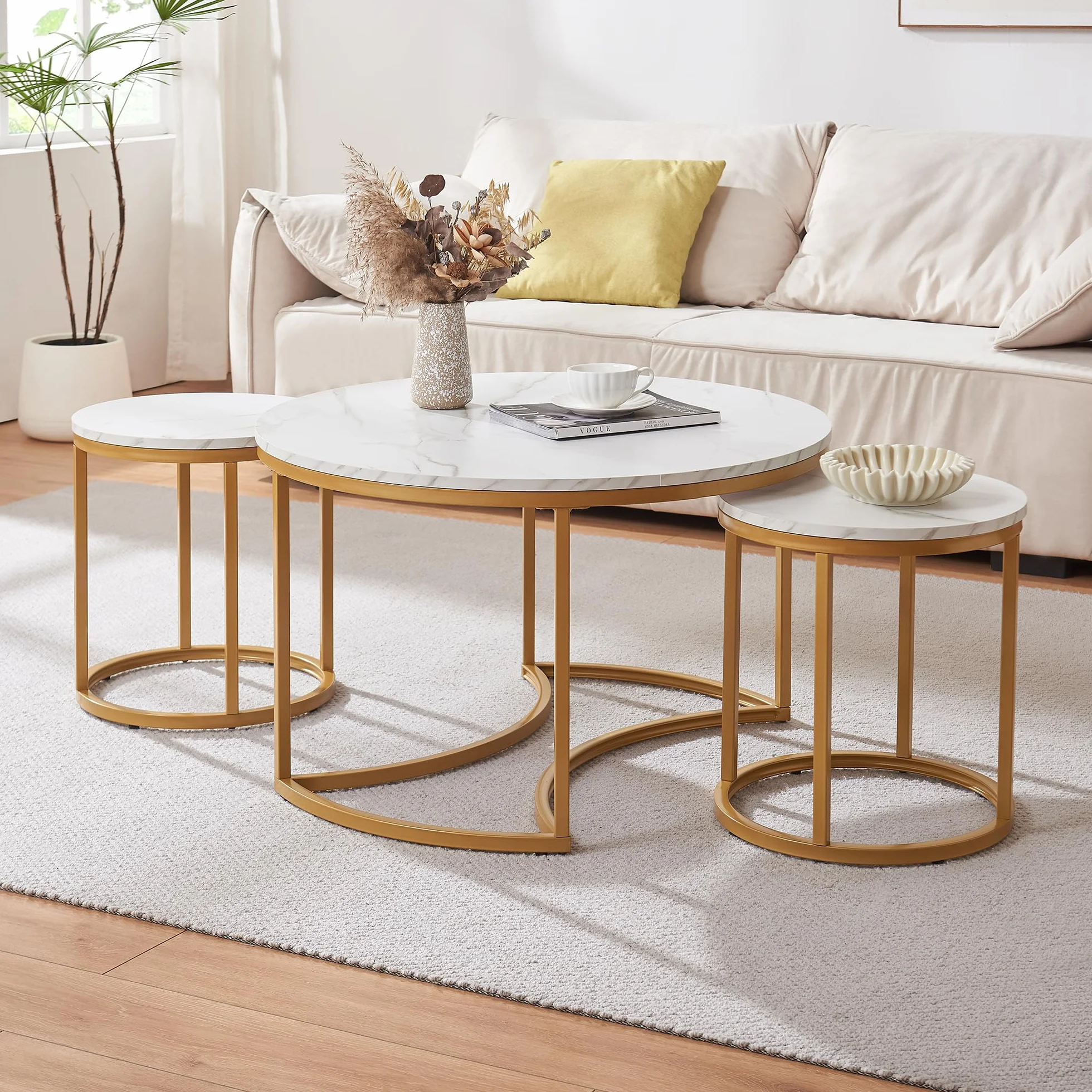 [en.casa] Set de 3 Mesas de Centro Nido Christchurch Conjunto de 3 Mesas Auxiliares Mesitas de Noche Redondas para Sala de Estar MDF/Acero - Efecto Mármol Blanco/Dorado