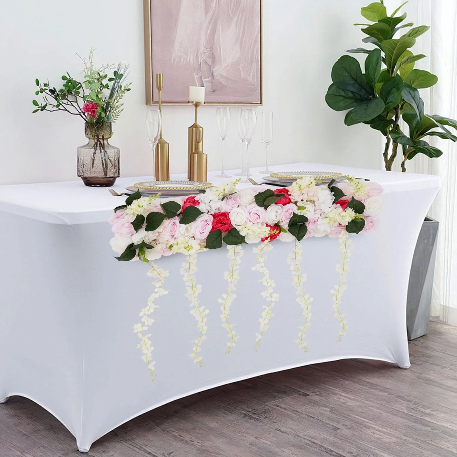 Flores artificiales 3D para pared, 100 x 80 cm, tira de flores artificiales con rosas peonías, decoración de pared fácil de limpiar para balcón, jardín, boda, salón