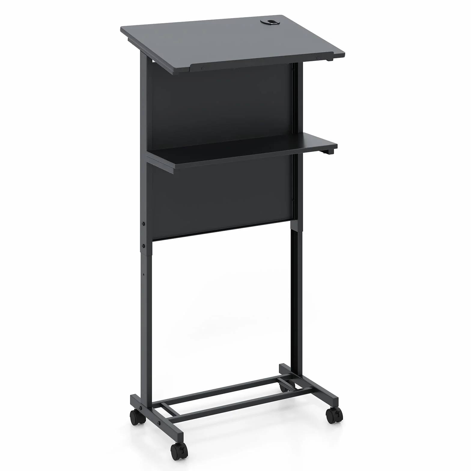 GIANTEX Atril de Conferencia con Altura Ajustable 108,5-122,5 cm, Escritorio de Pie con 4 Ruedas y Tablero Inclinable 60 x 40 cm, Mesa de Ordenador con Estante Abierto, para Aula, Oficina