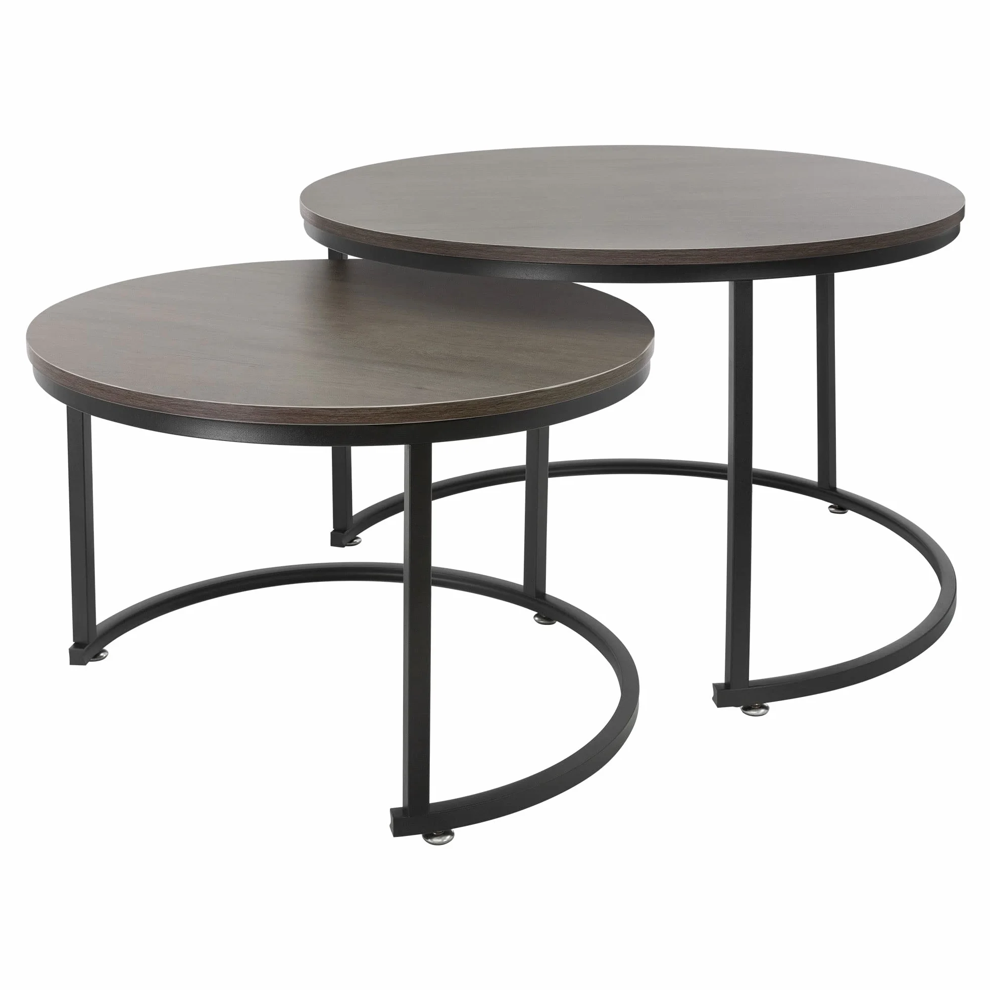 ML-Design Juego de 2 Mesas Auxiliares Redondas de Centro Ø59x40cm/Ø74x48cm MDF Roble Oscuro Estructura de Metal Negro Mesita para Salón Diseño Moderno Tablero para Lámparas Accesorios Decorativos