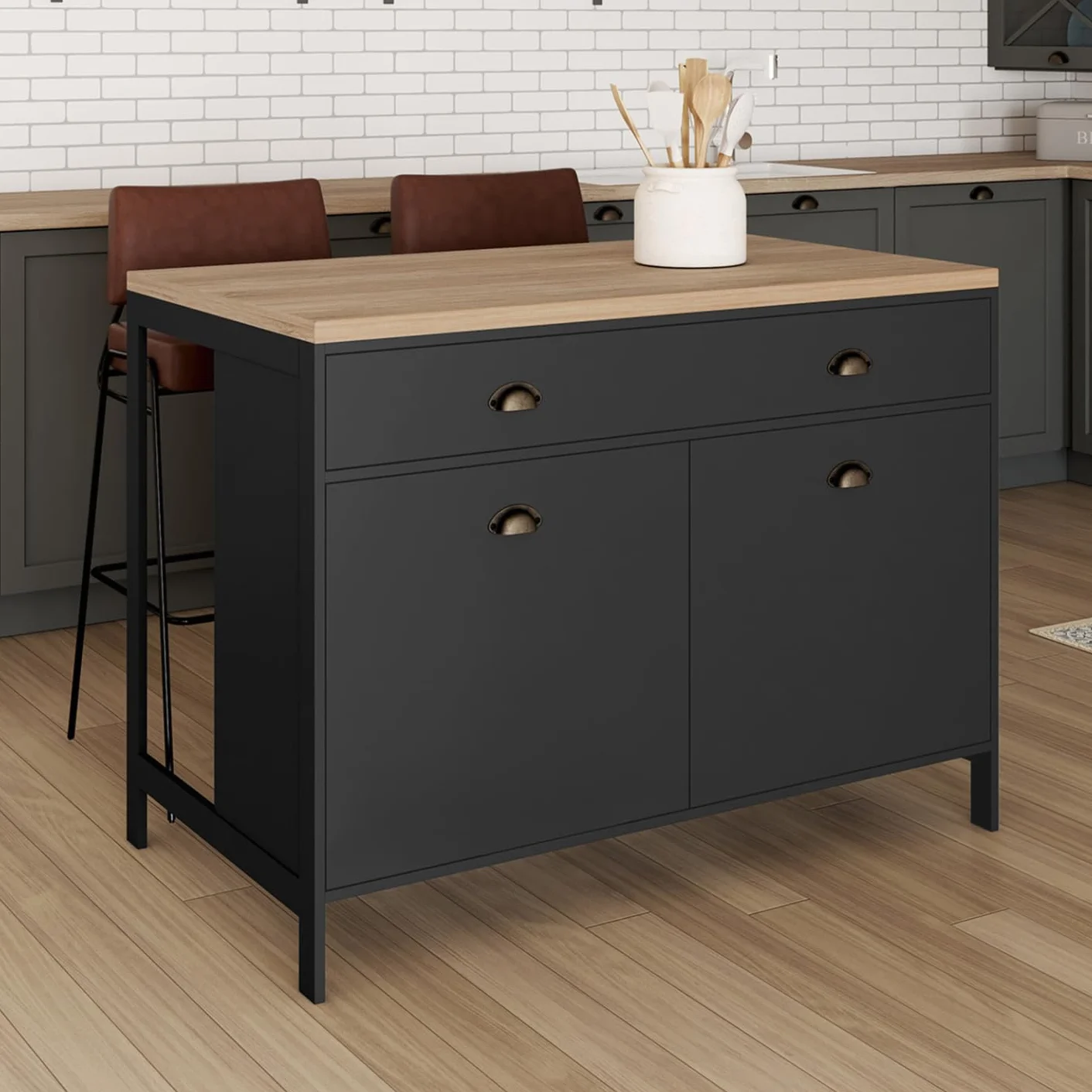 IDMarket - Isla central 120 cm campo ISIS con madera efecto haya y tablero negro