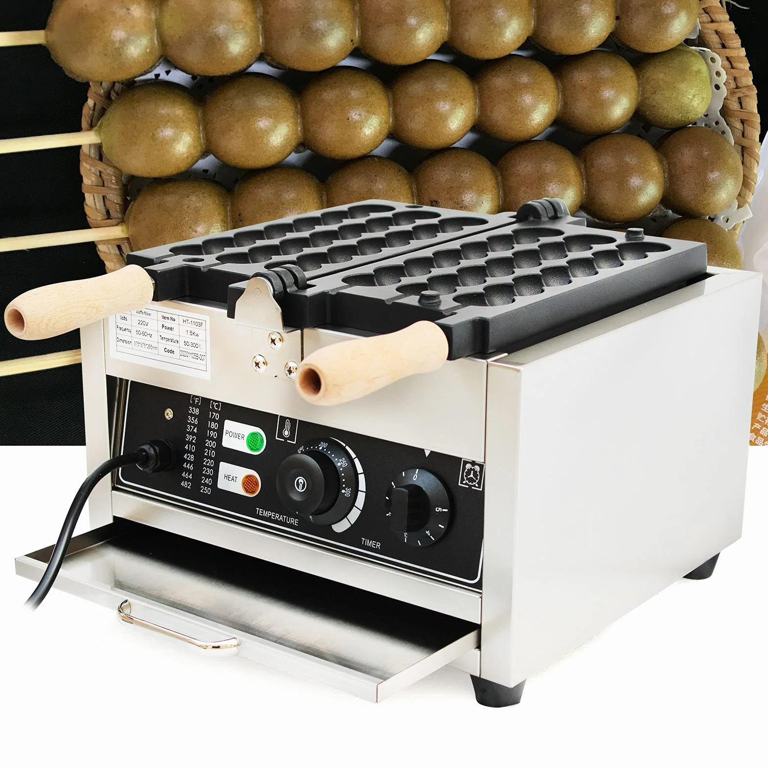 Antiadherente Bubble Waffle Maker Huevo Gofrera Huevo Waffle Machine 1500W Comercial Adecuado para Panaderías Restaurantes