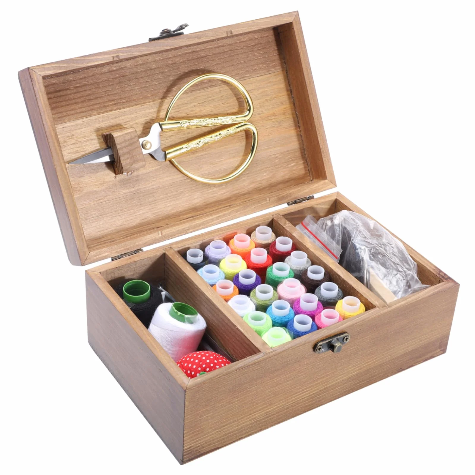 OSALADI Caja de Costura de Madera Retro para Coser, Kit de Costura Portátil Agujas E Hilo, Color Natural, para Manualidades y Uso Doméstico, Adecuado para Principiantes y Profesionales