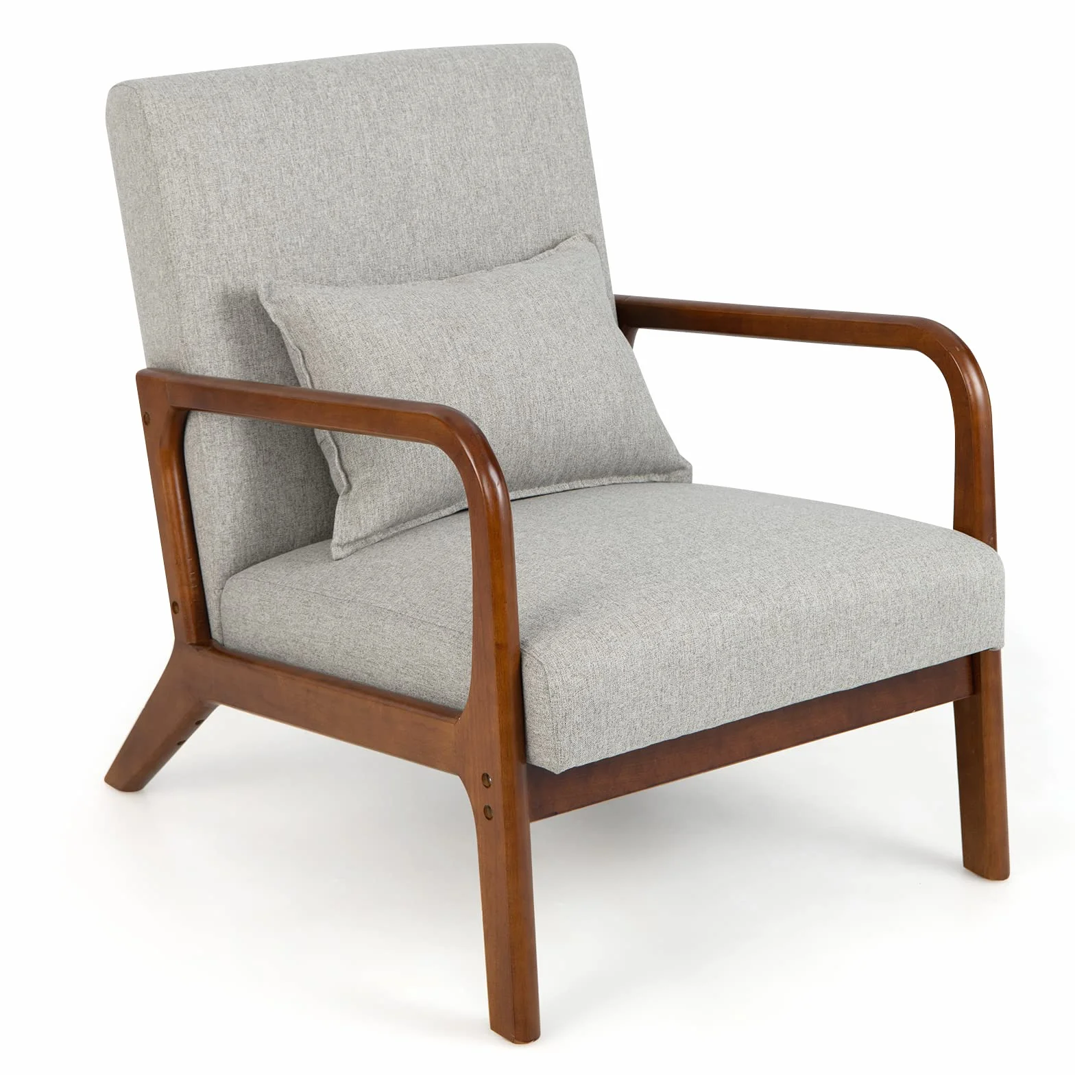 COSTWAY Silla Moderna de Madera, Butaca de Salon con Almohada Lumbar, Almohadillas de Fieltro Antideslizantes, Sillón de Lectura Tapizado en Tela, 79 x 65 x 77 cm (Gris)
