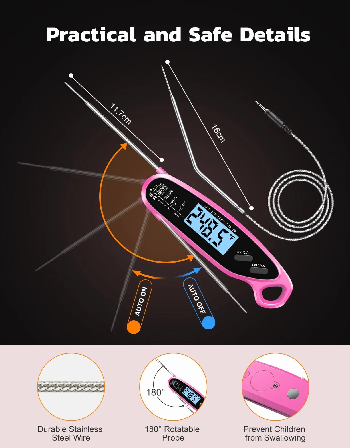 Termómetro digital de carne de lectura instantánea para cocinar y asar con doble sonda, pantalla retroiluminada grande y calibración automática, termómetro de alimentos para parrilla, ahumador