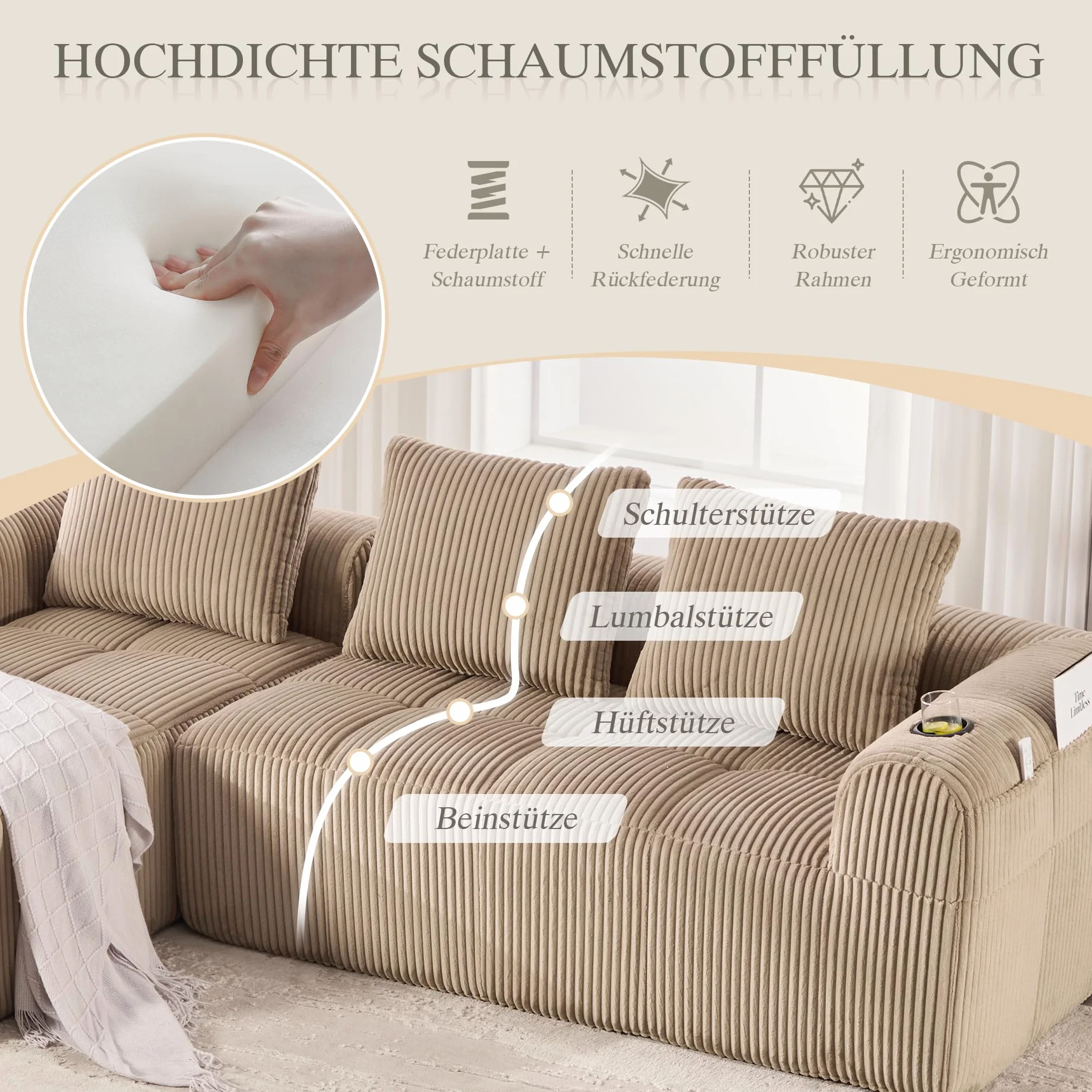 Soweiz Sofá compacto de pana – Sofá modular suave con bolsillo lateral y soporte para bebidas, comodidad para sentarse durante mucho tiempo, incluye 3 almohadas. Para salón, estudio y más (caqui)