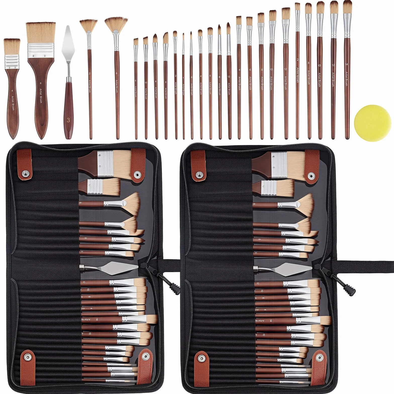 Juego de 2 pinceles de nailon con mango de madera, pinceles de pintura al agua, cepillos profesionales con espátula de pintura y bolsa para artistas, uso profesional, accesorios de arte