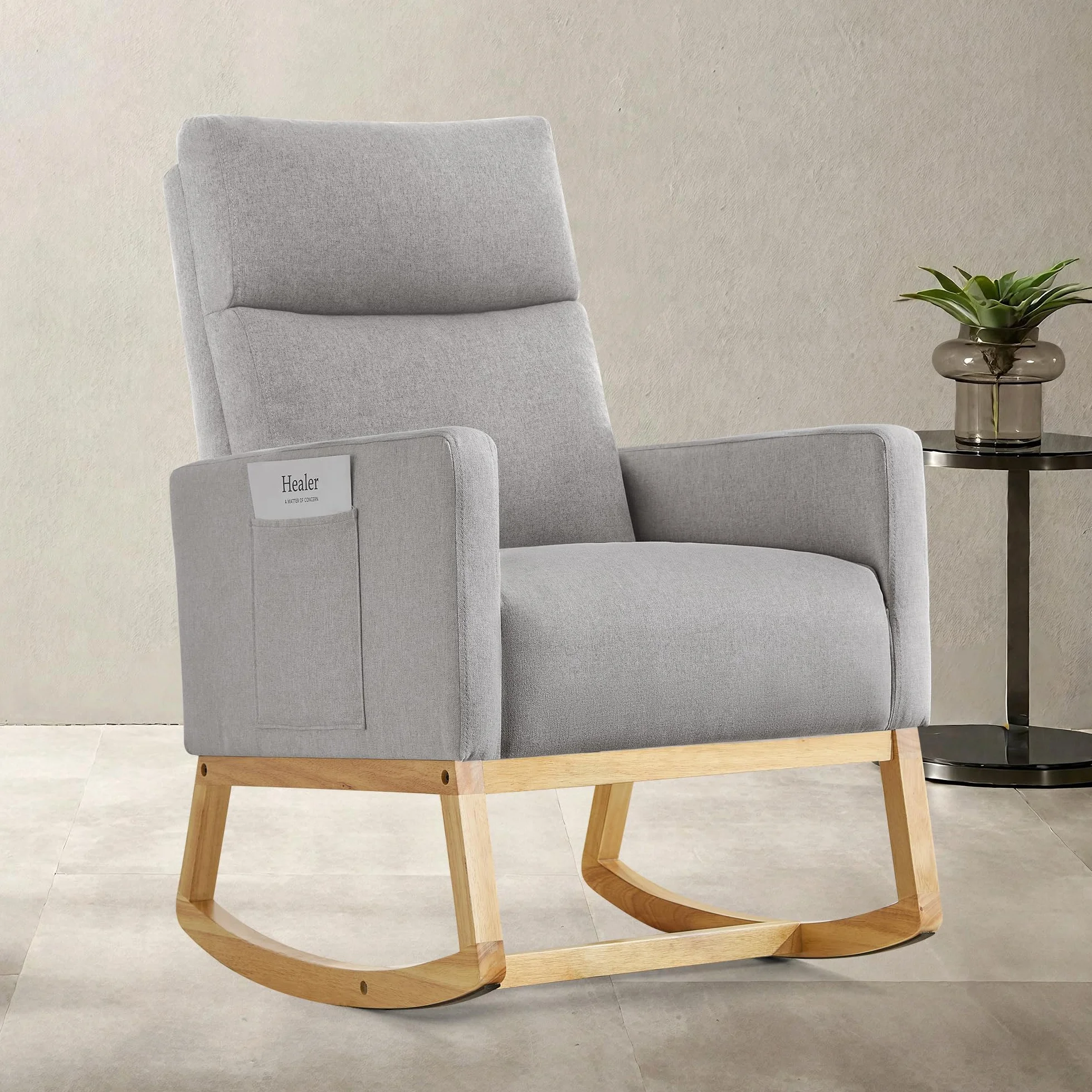 Mecedora para Lactancia, Silla Mecedora Relax Tapizada,Respaldo Alto,de Lino,para Adultos,con Bolsillos Laterales y Base de Madera para Sala de Estar, Dormitorio Color Gris Claro