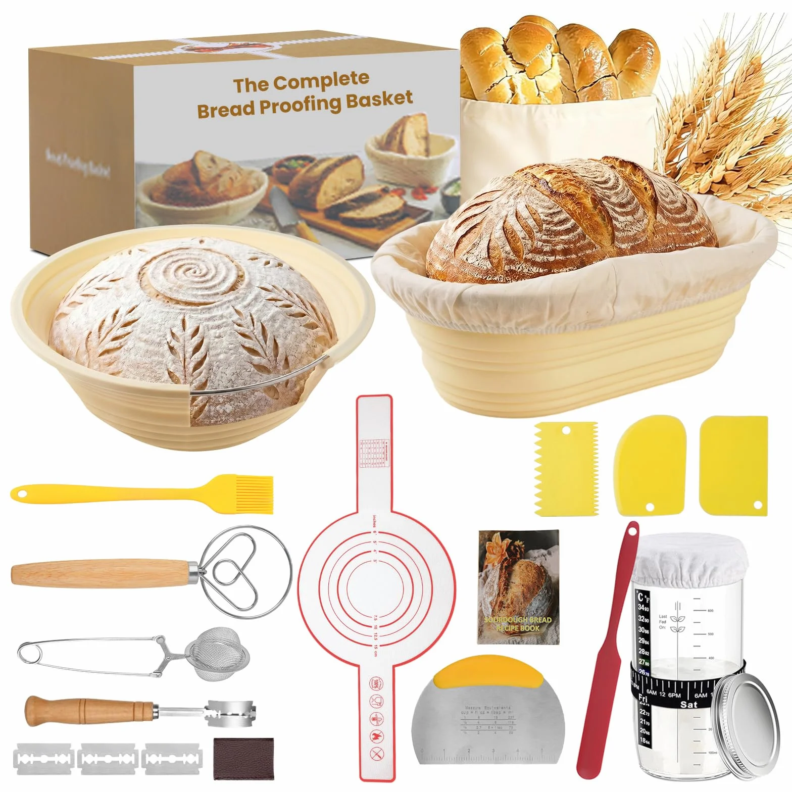 GEEKHOM Juego de inicio de masa fermentada con 2 cestas de levadura de silicona (plegables, aptas para lavavajillas, molde), 16 piezas, juego de inicio con cesta de levadura, alrededor de 23 cm y