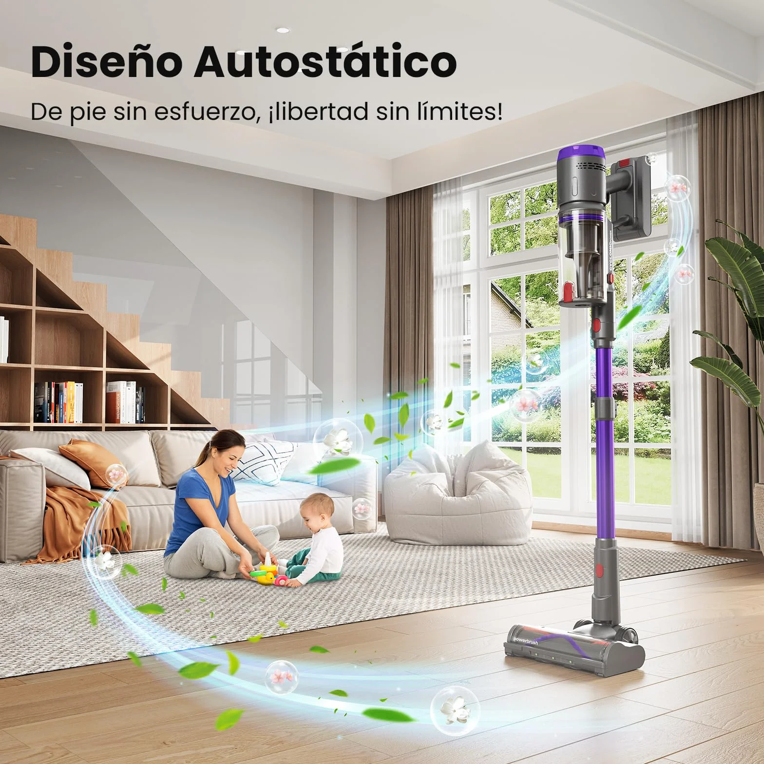 Aspiradora Sin Cable 58000Pa/600W/75Min, Escoba Aspiradora sin Cable de 1.6L, Pantalla Táctil LED Inteligente, Aspirador Inalámbrico Antienredo, Ideal para Suelos, Alfombras y Pelo de Mascotas