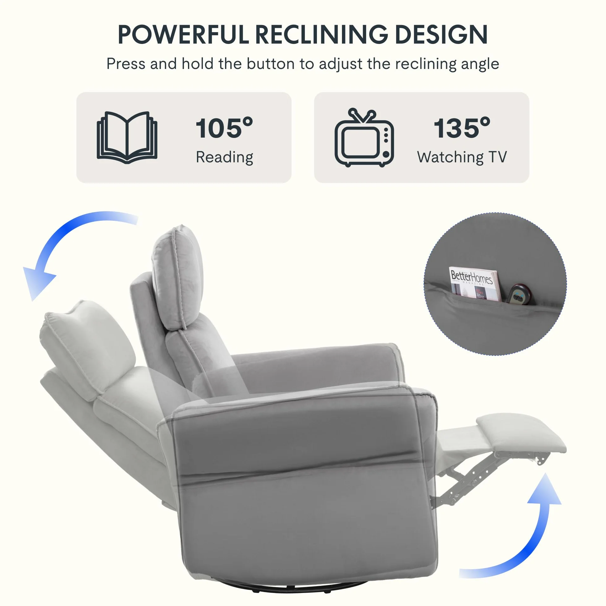 FLEXISPOT Cradle Sillón Relax, Sillon Eléctrico con Función Reclinable, Chaises Longues, Sillón Giratorio TV con Balancín, Reposacabezas 3D, Reposabrazos Ajustable, Respaldo Ajustable para Salón, Gris