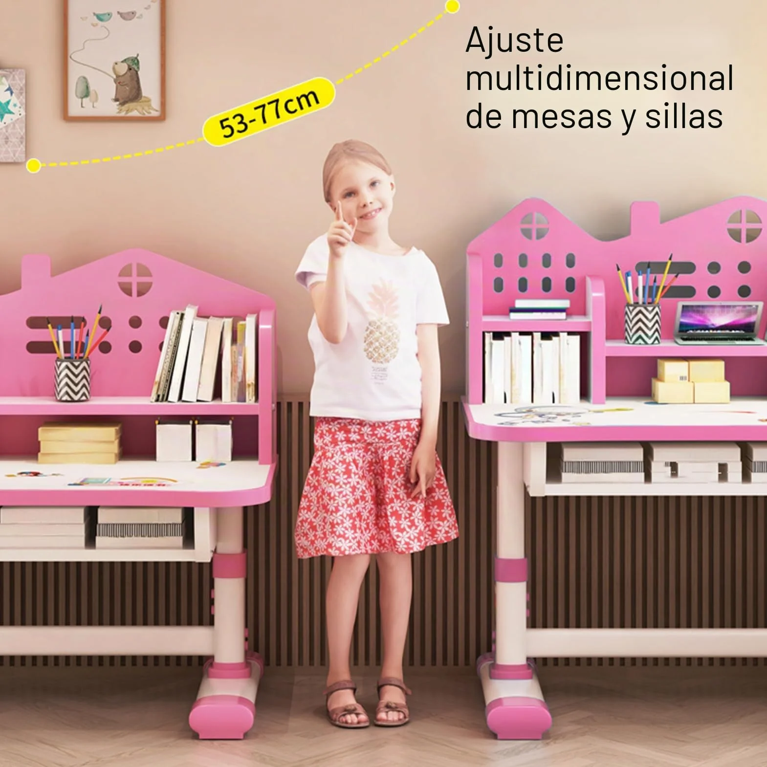 Escritorio de Estudio para Niños y Niñas con Silla Rosa Ajustable y Almacenamiento