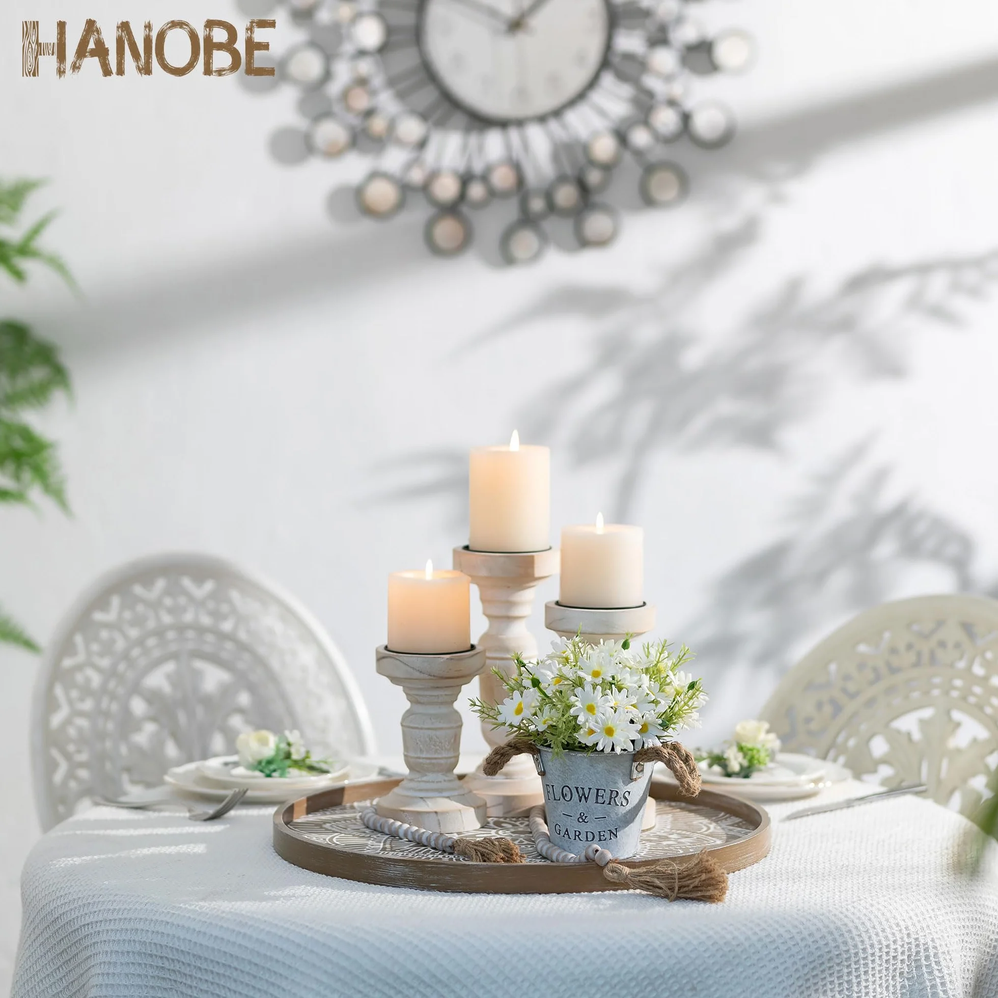 Hanobe Bandeja decorativa redonda grande de madera: Hanobe - Bandeja rústica para mesa de café, decoración de granja, centro de mesa marrón, bandeja redondeada para encimera de cocina, bandeja otomana
