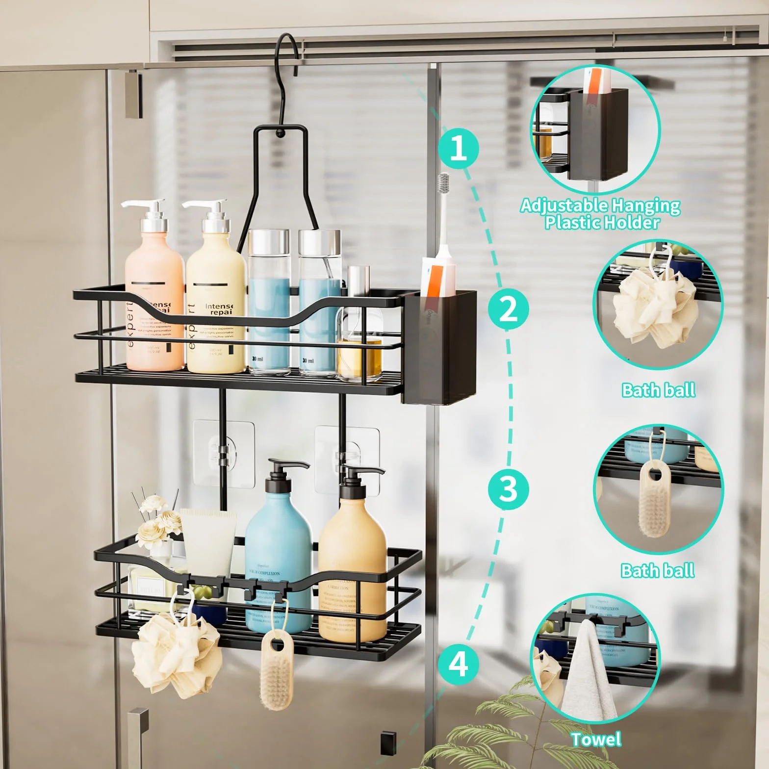 HapiRm Organizador colgante para ducha, organizador de baño de 2 niveles con gancho superior giratorio de 360° y 4 ganchos, estante de ducha negro inoxidable para champú, acondicionador y