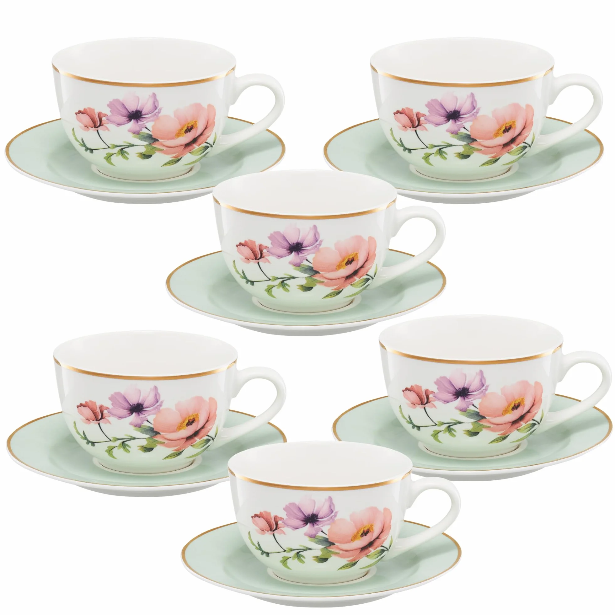 AMBITION Juego de café de porcelana con diseño de flores para 6 personas | Colores pastel de neumáticos dorados para familia e invitados uso diario ocasiones especiales