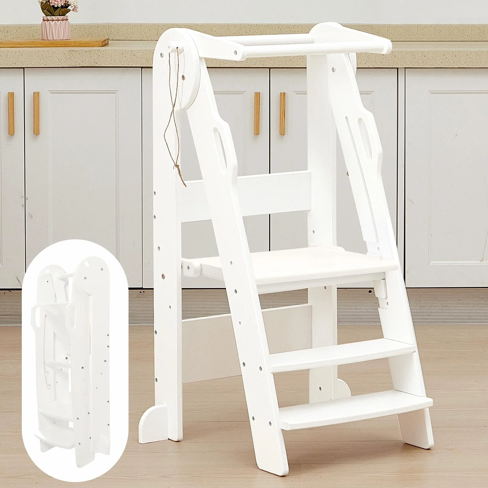 FUNLIO Taburete Plegable para niños Altura Ajustable 3 Niveles Rieles Seguridad Montessori Blanco