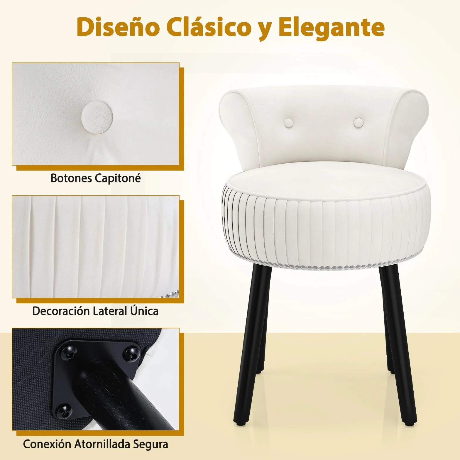 GIANTEX Silla para Tocador, Taburete de Maquillaje con Respaldo, Silla Acolchada de Terciopelo con Patas de Madera de Caucho, Sillón Moderno sin Brazos para Dormitorio Vestidor Sala de Estar (Beige)
