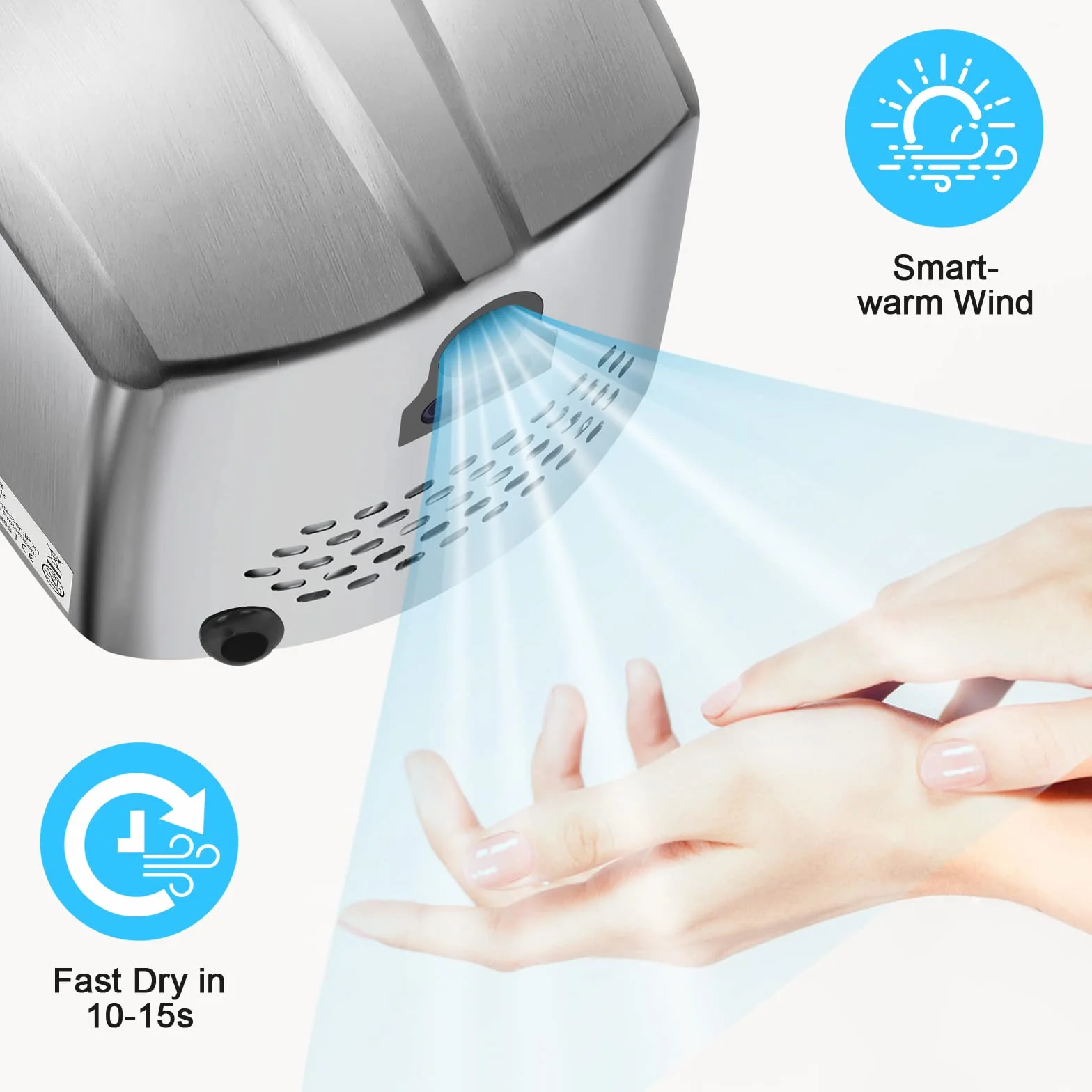 QL Secador de Manos Eléctrico Automático,Acero Inoxidable1150W,Secador de Manos Profesional con Filtro HEPA para Baño,Comercial,Plata