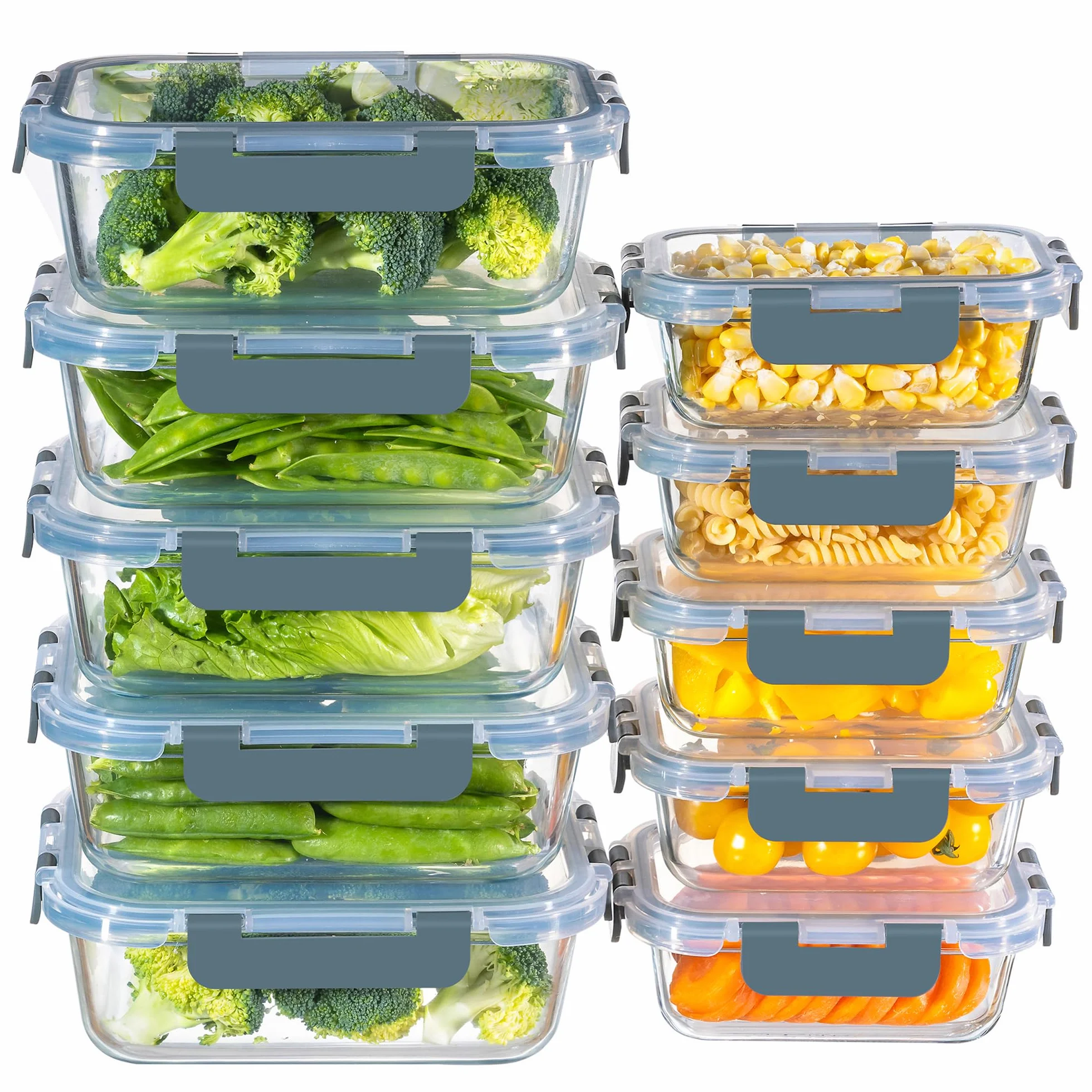 MFY Paquete de 10 recipientes de vidrio con tapas, recipientes de preparación de comidas con tapas de bloqueo a prueba de fugas, lonchera de vidrio hermética con tapa, juegos de recipientes sin BPA