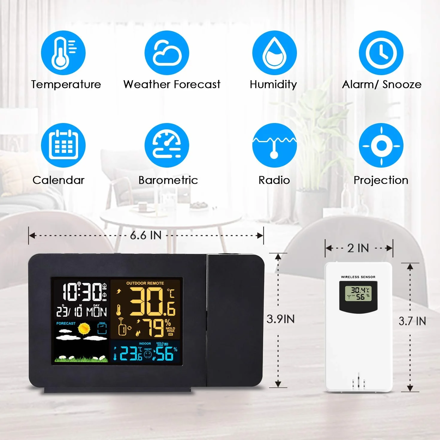 Despertador Digital Estación meteorológica inalámbrica Alarma de proyección Relojes atómicos con Sensor Remoto para Temperatura y Humedad