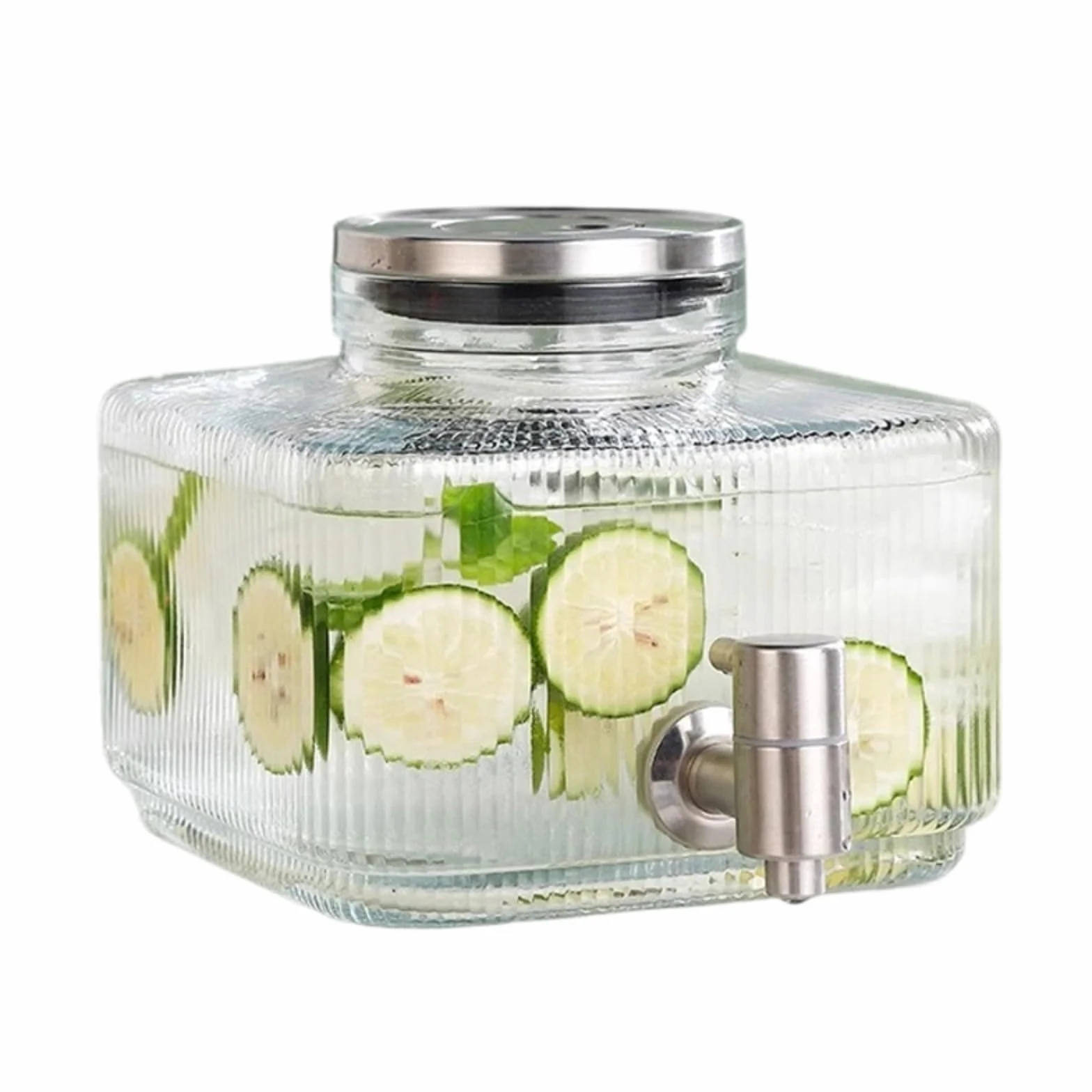 Jarra de agua transparente con tapa de acero inoxidable y boquillas, botella de agua para fiesta con dispensador de agua de vidrio con grifo