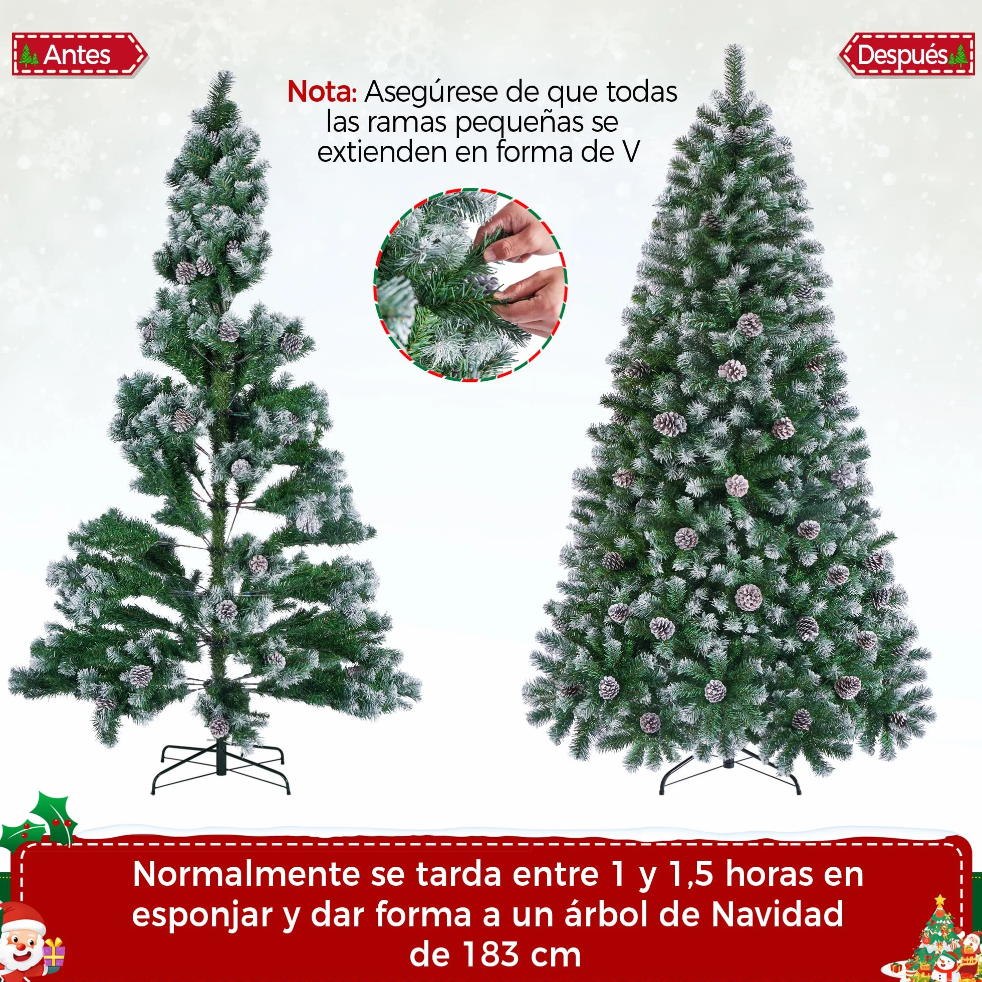 Yaheetech 183cm Árbol de Navidad Nevado Artificial 920 Puntas con 64 Frutas de pinos Soporte Metálico Plegable para Decoración Casa Oficina Fiestas Festivas