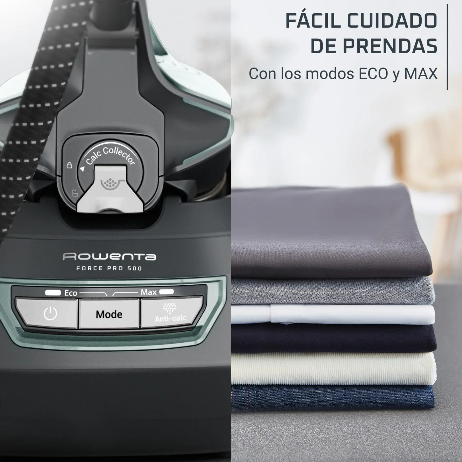 Rowenta Force Pro 500, Centro de planchado, 7,5 Bares, Golpe de vapor de 550 g/minuto, Tecnología Quicksteam, Ahorra energía, 2 modos ECO y MAX, Eucalipto y negro, VR9042F0