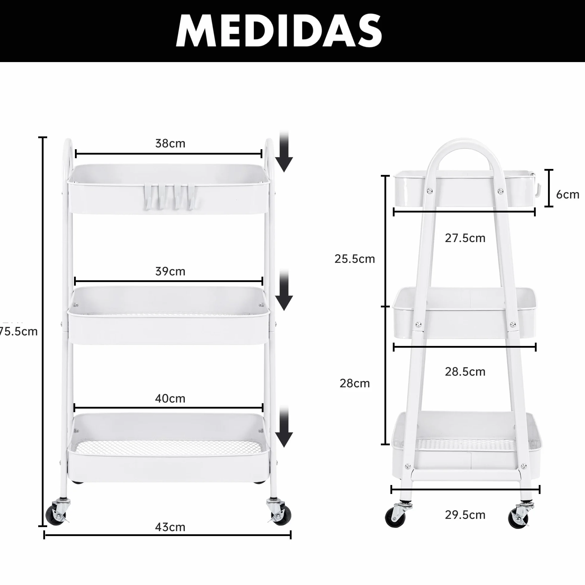 Carro de Cocina Metálico con Ruedas Carrito Auxiliar Multiuso 3 Cajones Almacenamiento Blanco