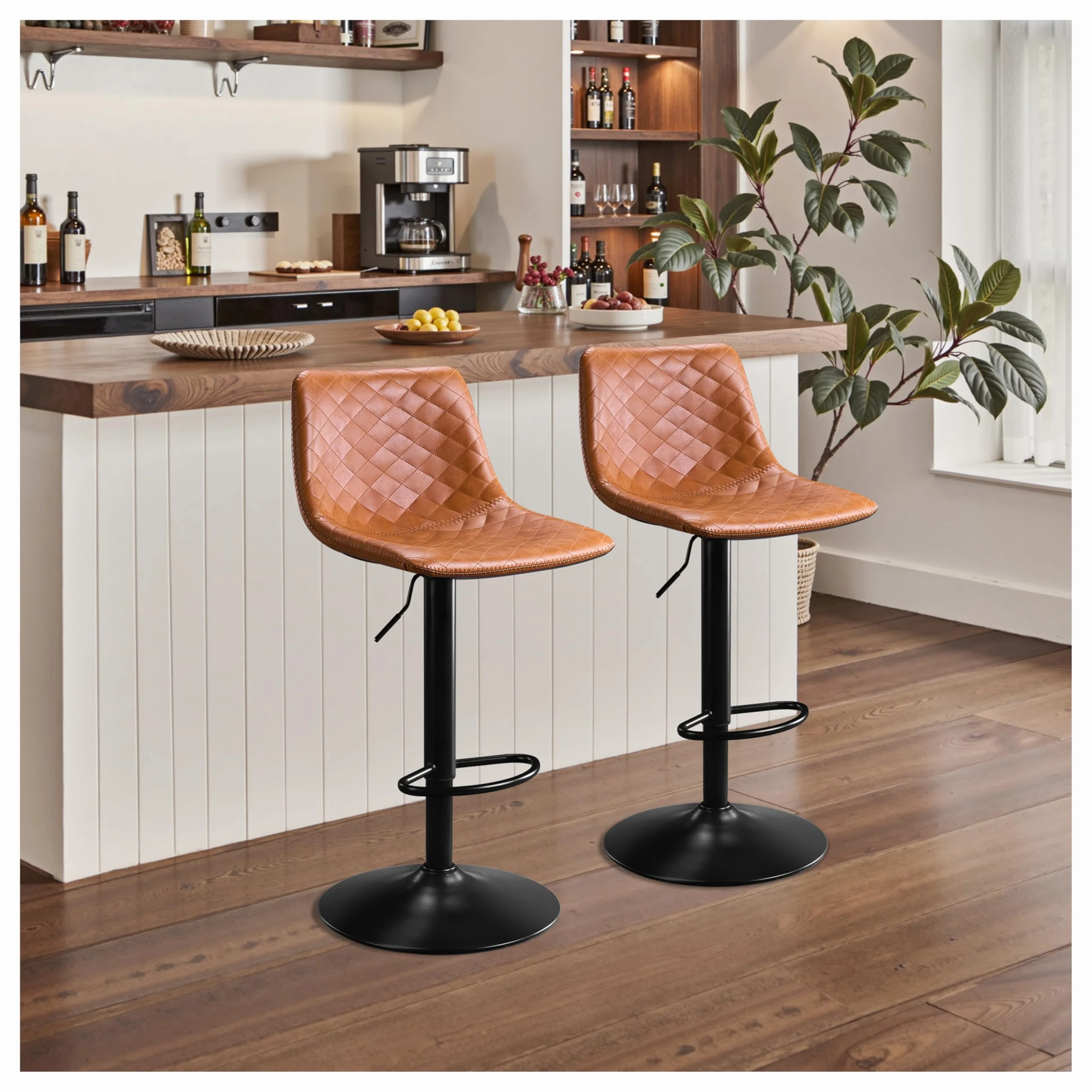 STOOLINK Taburete Cocina Juego de 2, Cuero de Microfibra, Moderno, Marrón | Taburete de Bar Altura Ajustable 61 a 82 cm, con Reposapies y Respaldo, Rotación de 360°, 150kg para Mostrador y Cafetería