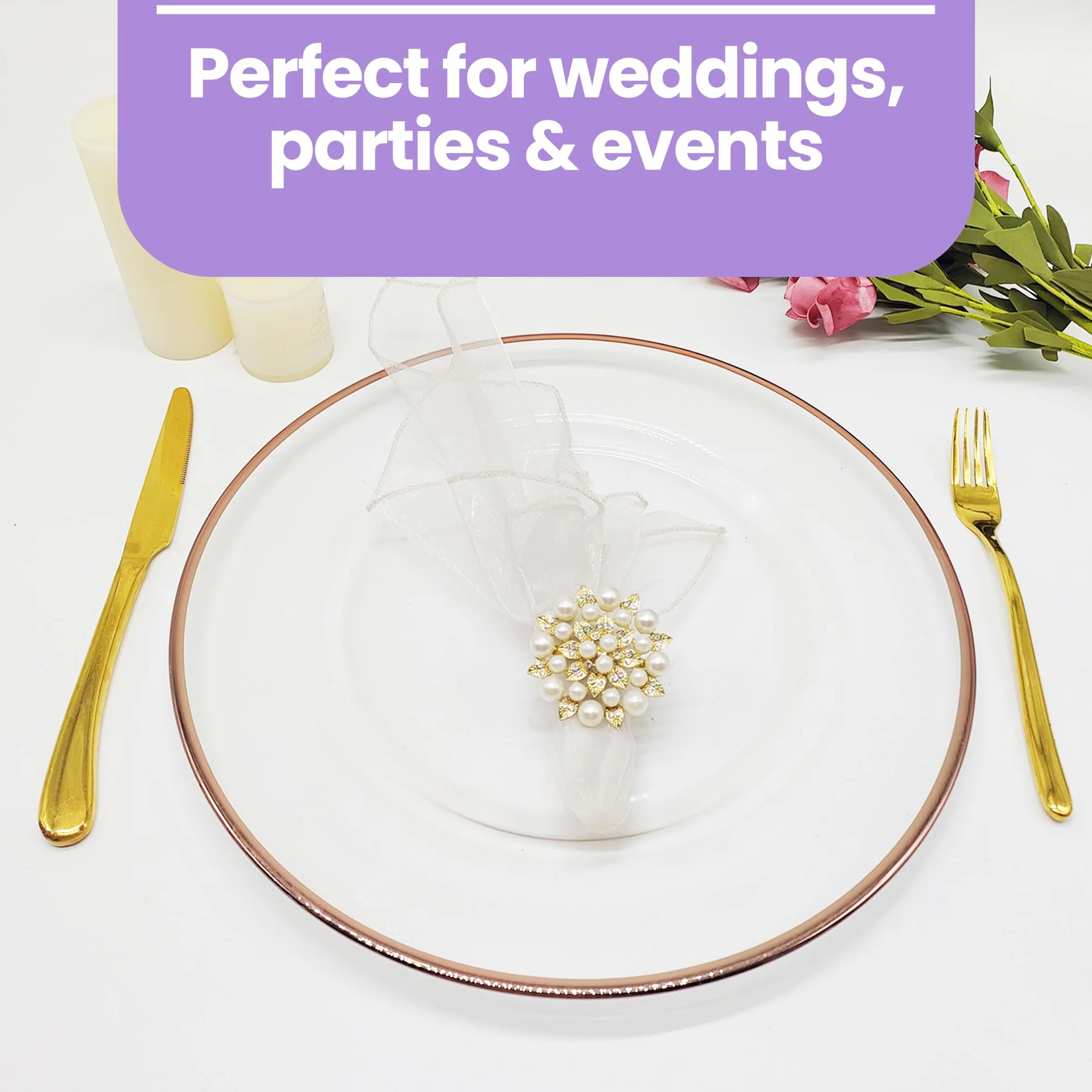 Plato de carga de cristal con borde de oro rosa de 33 cm, impresionante decoración de mesa de comedor para bodas, aniversarios, cumpleaños y eventos, elegante vajilla de fiesta para catering, comedor