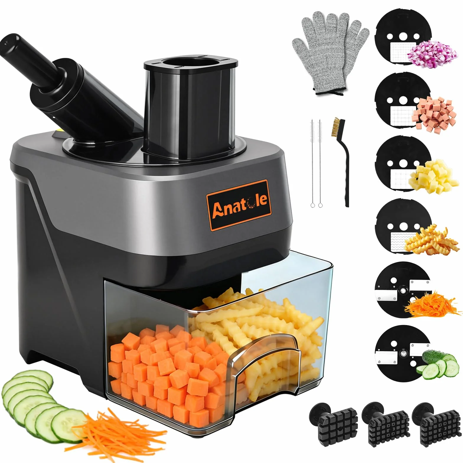 Anatole 6 en 1 Cortador de Verduras Eléctrico en Cubos Rodajas Ondulados Rallador de Vegetales Frutas Multifuncional para Pepino Patata Zanahoria Cebolla 100W 220V