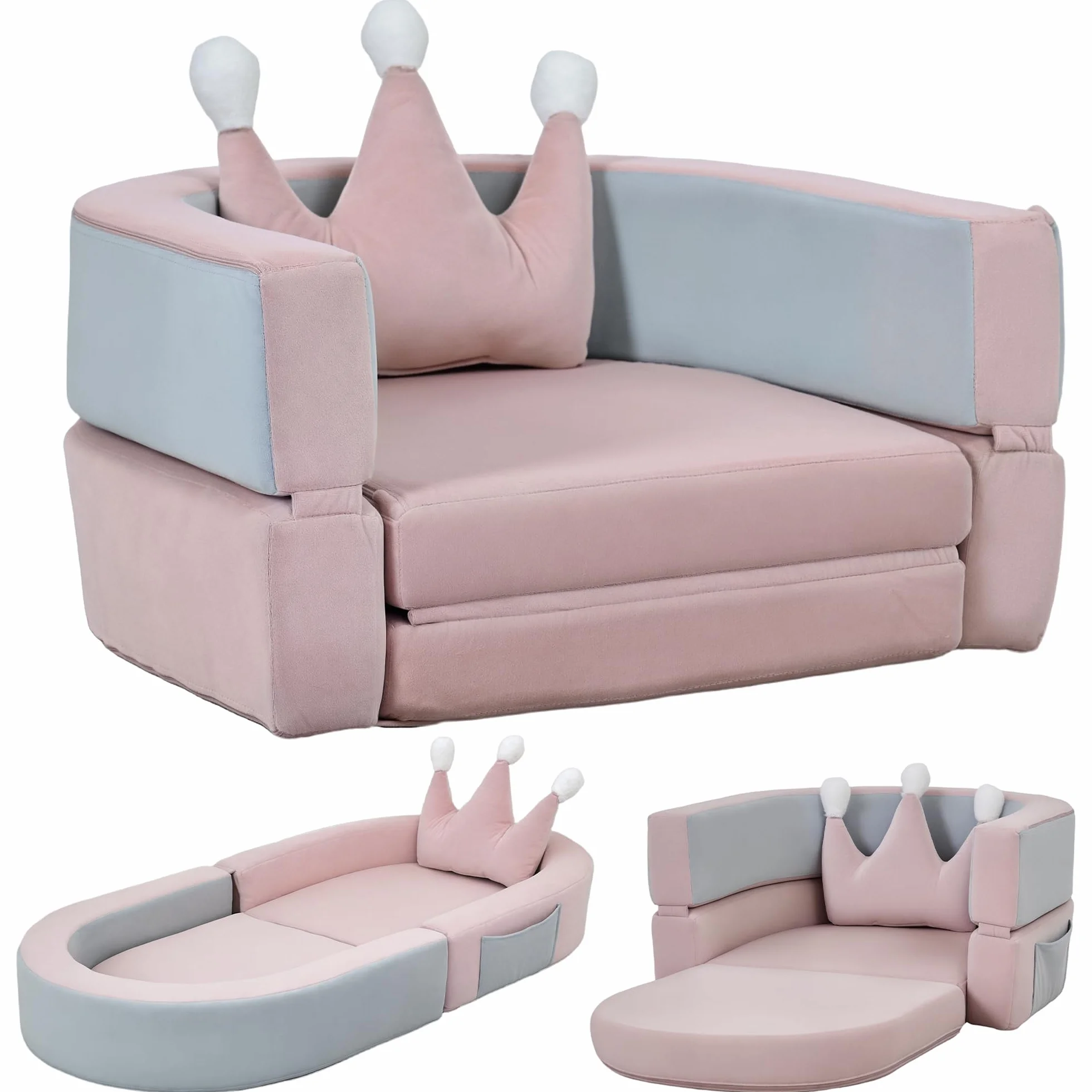 AIYAPLAY Sofá Infantil Convertible, Sofá para Niños con Cojín de Corona, Plegable en Cama y Zona de Juego, Tapizado de Terciopelo Suave, para Niños 18-36 Meses, Rosa y Azul Grisáceo