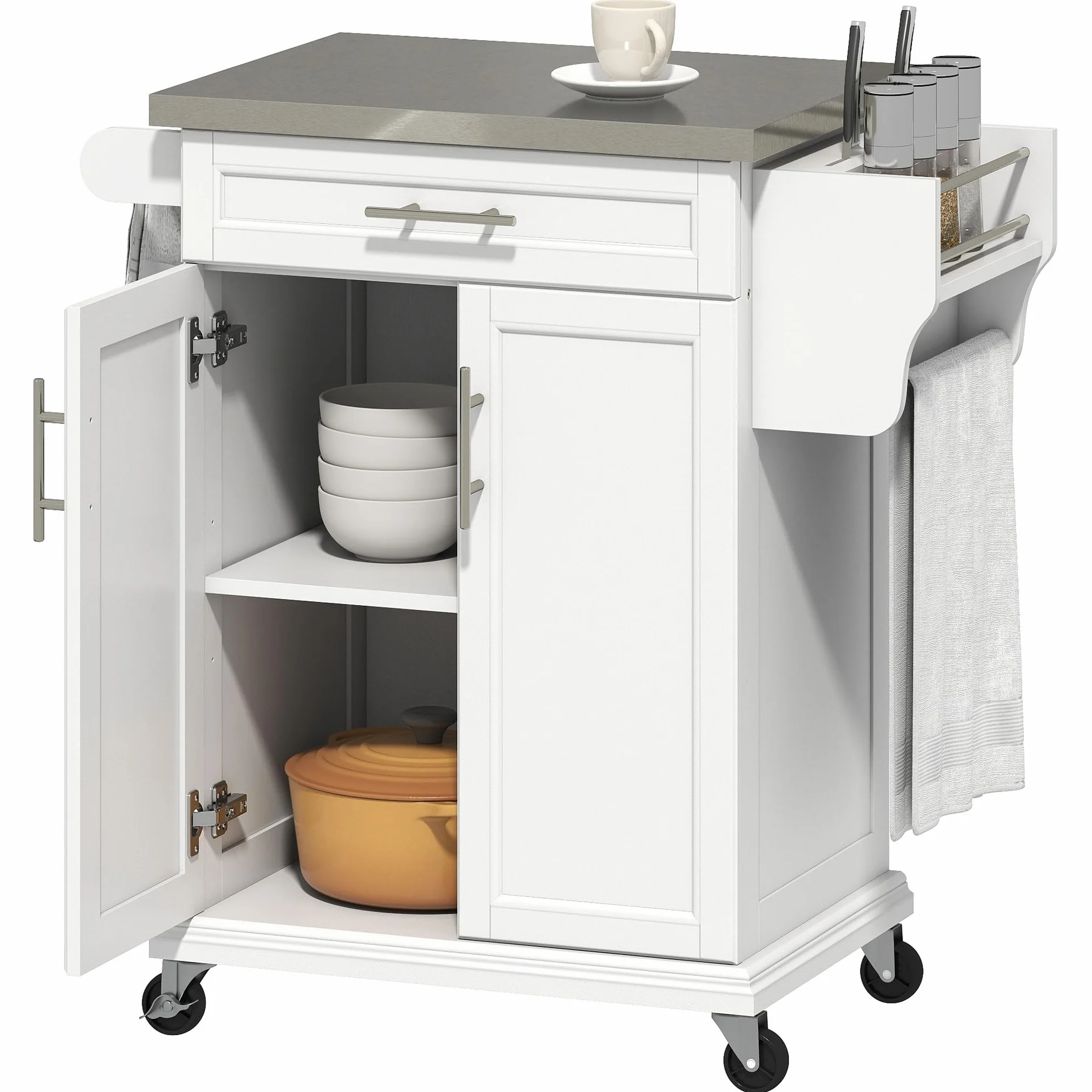 HOMCOM Isla de Cocina Mueble Auxiliar de Cocina Moderno Mueble Buffet Auxiliar con 4 Ruedas 1 Cajón 1 Toallero 1 Especiero y Estante Ajustable 83,5x45,7x90,5 cm Blanco