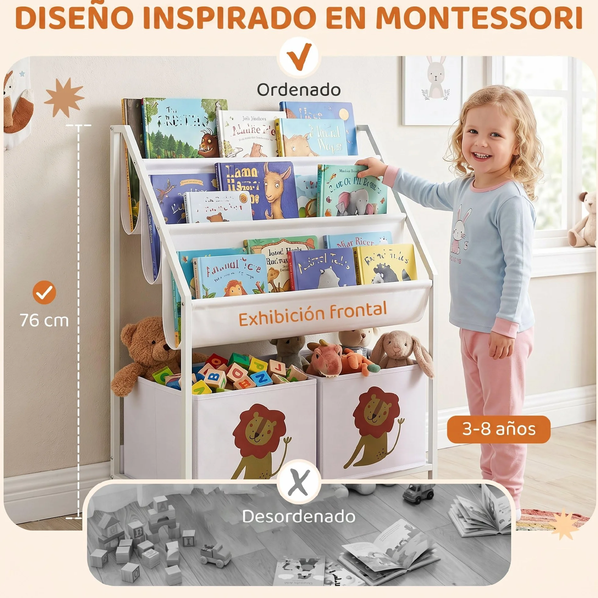 AIYAPLAY Librería Infantil de 4 Niveles Montessori Niños 76 cm Blanco | Estantería para Libros, 3 Estantes, 2 Cajones de Tela, Diseño de León, Sala de Juegos, Dormitorio, Guardería