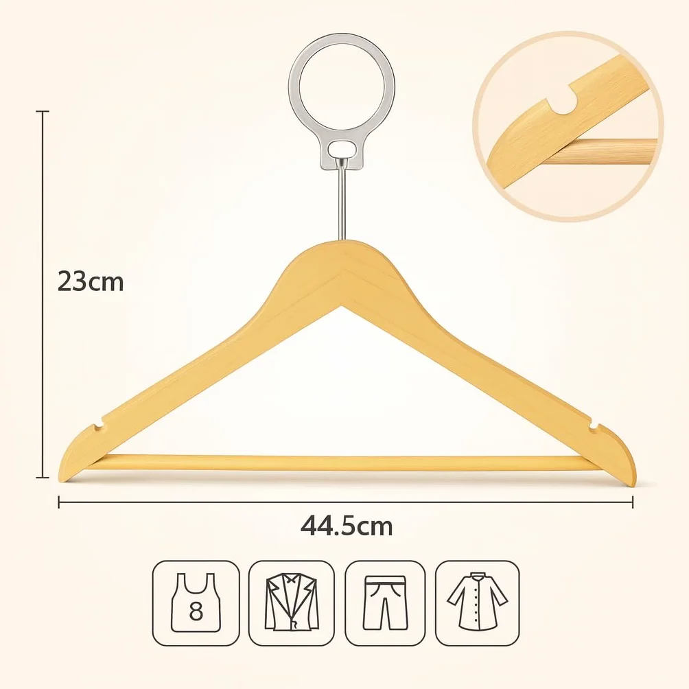 MELA'S Pack de 50 Perchas de Madera antirrobo con Anillo de Seguridad – Solo Desmontables por el Personal – para hoteles y Uso Profesional