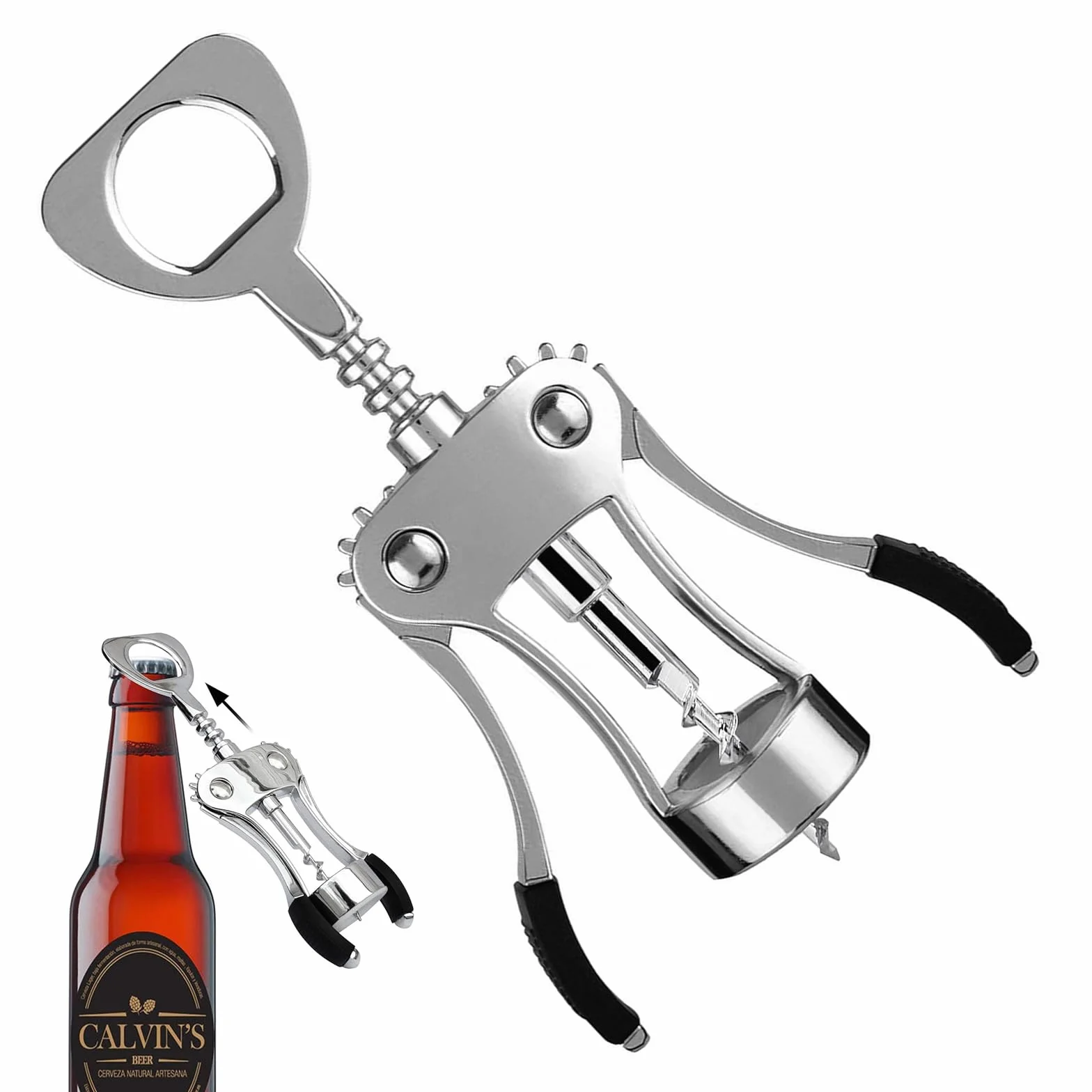 Sacacorchos Abridor de Vino Aleación de Zinc Ala - Abrebotellas Vino Cerveza Doble Uso, Plata