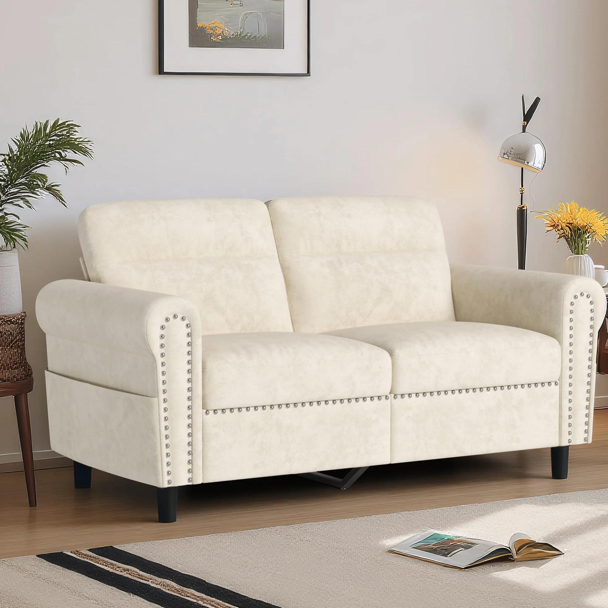 Sofá de 2 Plazas, Loveseat con Bolsillo Lateral, Sofá de Dos Plazas con Cojines Extraíbles para Salón, Dormitorio, Oficina, 152 x 76 x 84 cm (Beige)