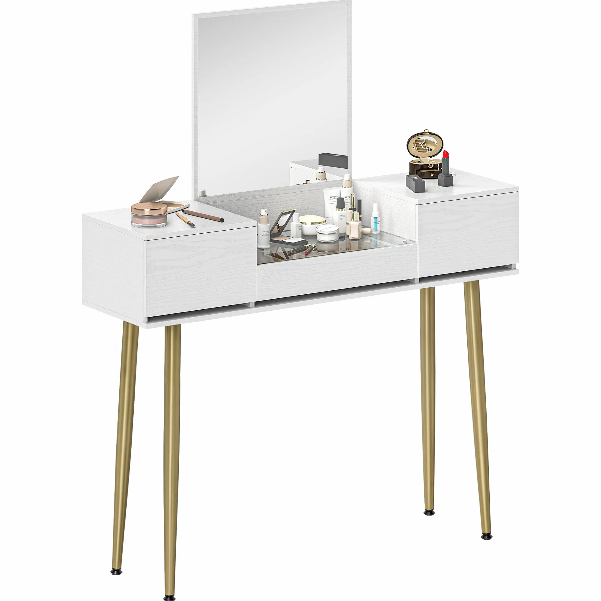HOMCOM Tocador de Maquillaje con Espejo Tocador con Encimera de Vidrio Templado Visible 3 Cajones Mesa de Maquillaje Moderna para Dormitorio Blanco