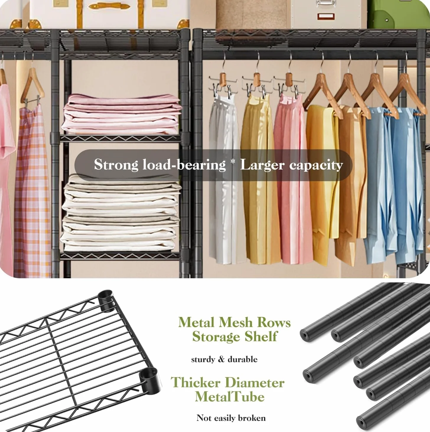 Armario Abierto Perchero con estantes Armario Abierto de alambre para ropa 6 niveles Vestidor de metal resistente para colgar ropa, 44.9 "L x 15.74 "W x 70.9 "H, Carga máxima 560LBS, Negro