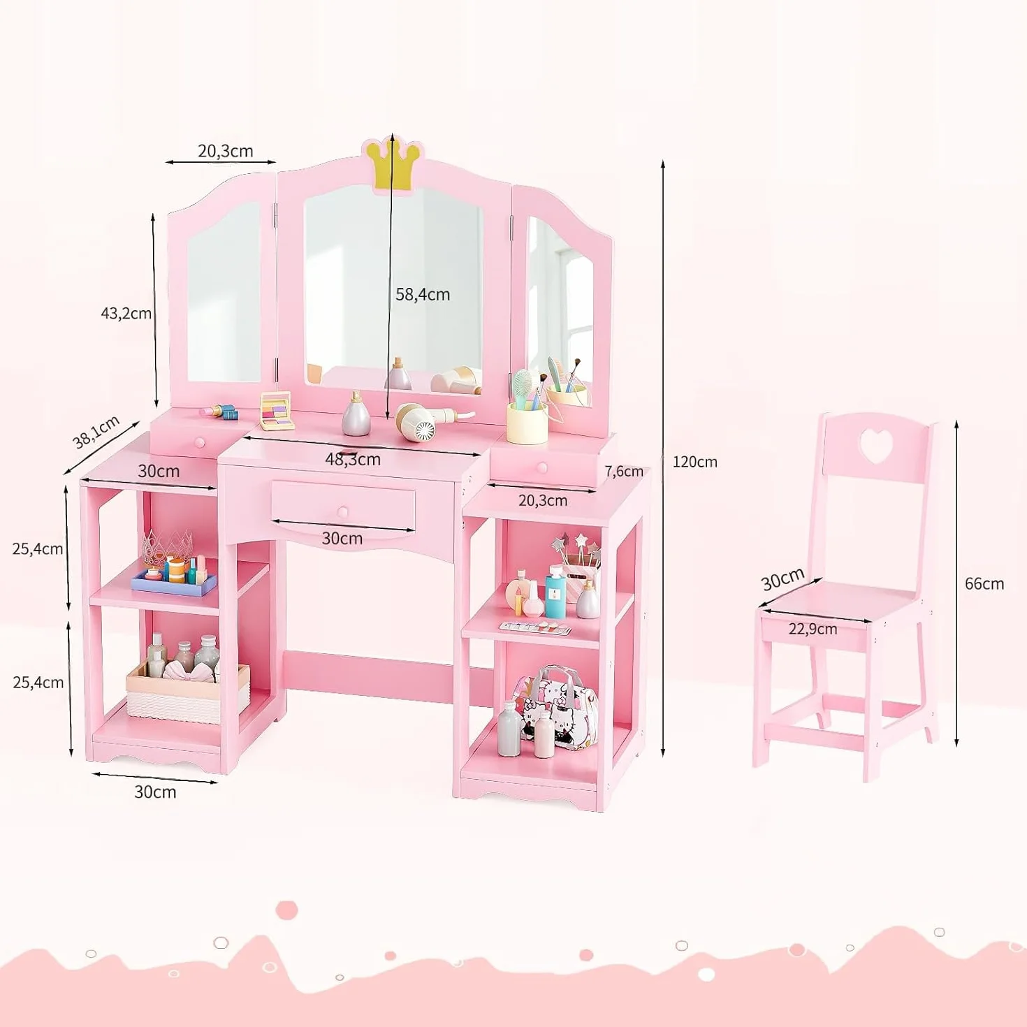 Bonnlo Tocador Infantil con Espejo de Tres Paneles y Taburete, Mesa de Maquillaje de Madera con Diseño de Corona, Rosa, Grande