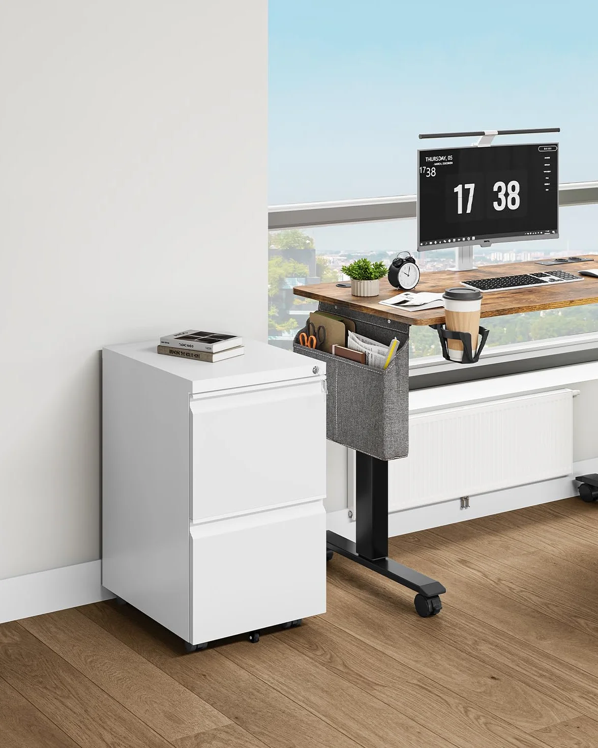YITAHOME Archivador móvil con 2 cajones con cerradura, archivador antivuelco con rueda para oficina en casa, blanco, 51x39x71 cm