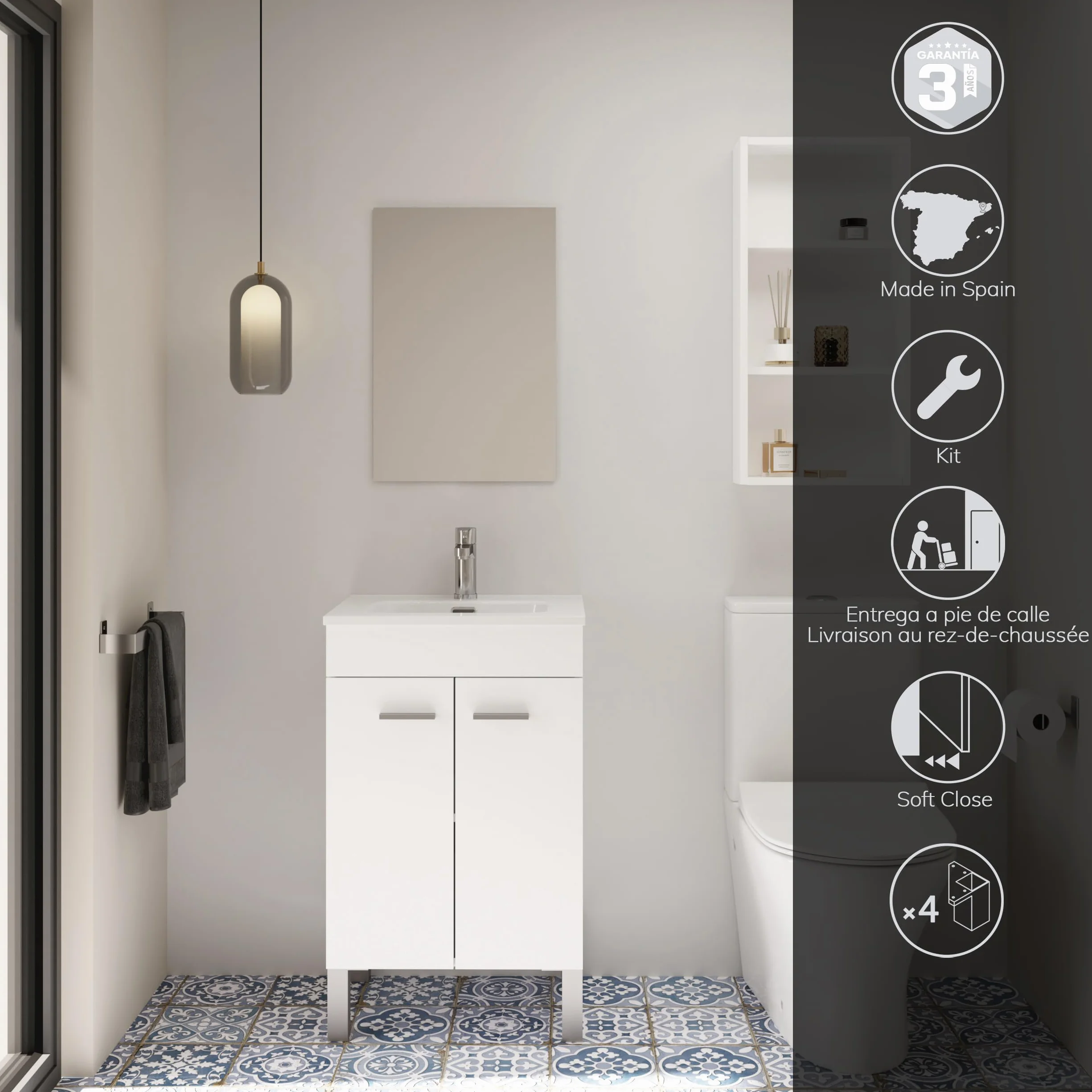 Baikal Mueble de Baño 2 Puertas 50cm Blanco con Lavabo Cerámico y Espejo