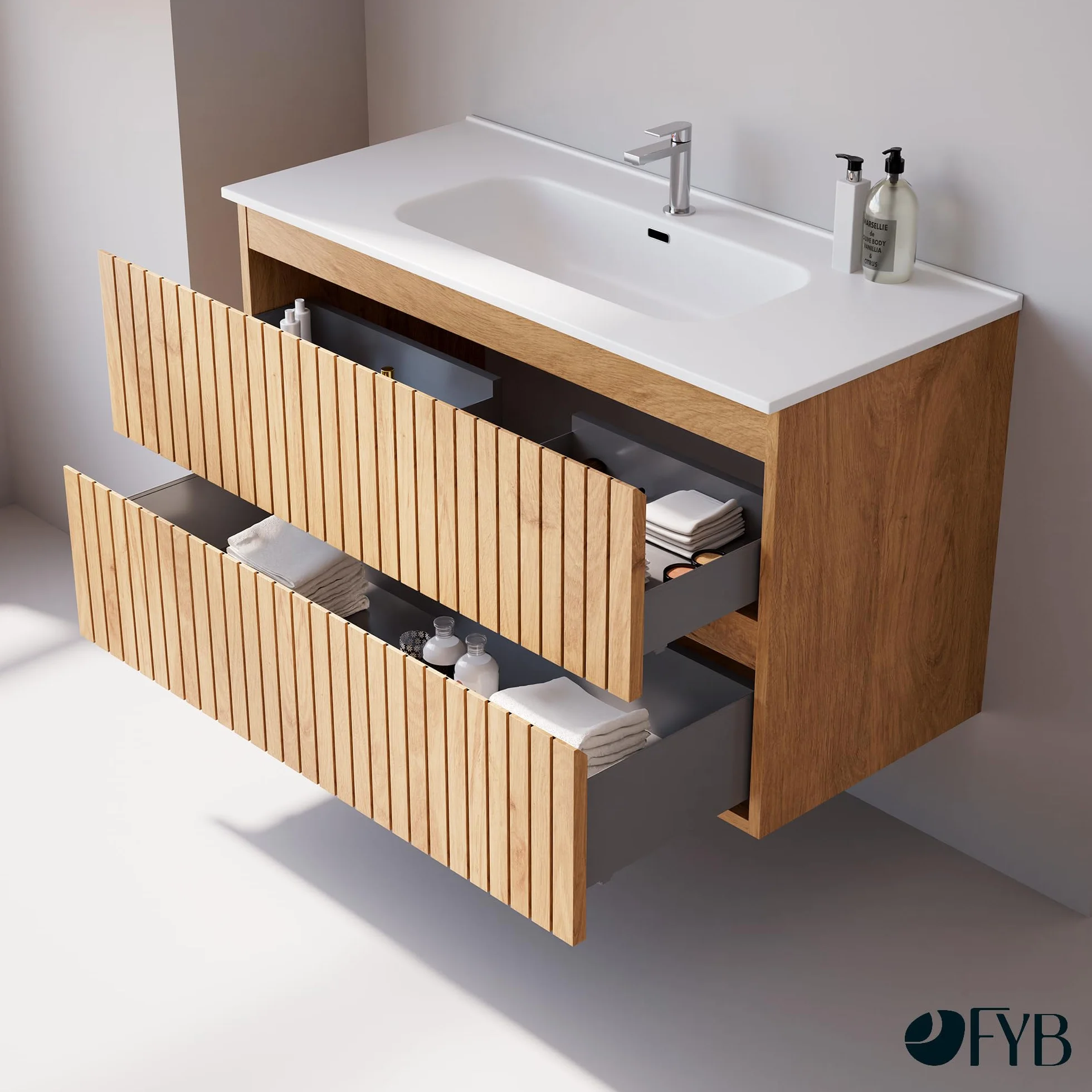 Conjunto Mueble Baño Tiger 100 cm Roble Nórdico con Encimera Cerámica Blanca Brillo, Lavabo Incluido, 2 Cajones Soft Close, Diseño Suspendido, Gran Almacenaje práctico y Funcional
