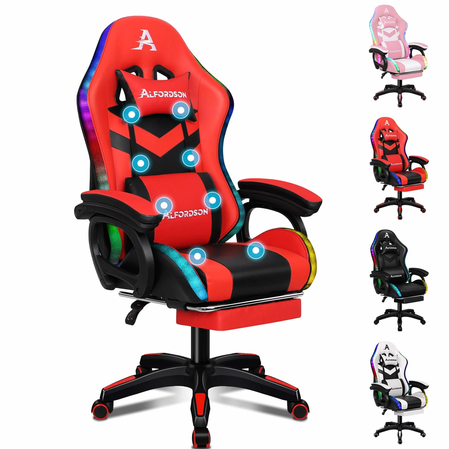 ALFORDSON Silla Gaming con Masaje y LED, Silla Gamer Ergonómica con Cojín Lumbar y Cervical, Reposapiés Telescópico, Iluminación para Ordenador, Videojuego, Juegos, Oficina, Cuero PU(Roja)