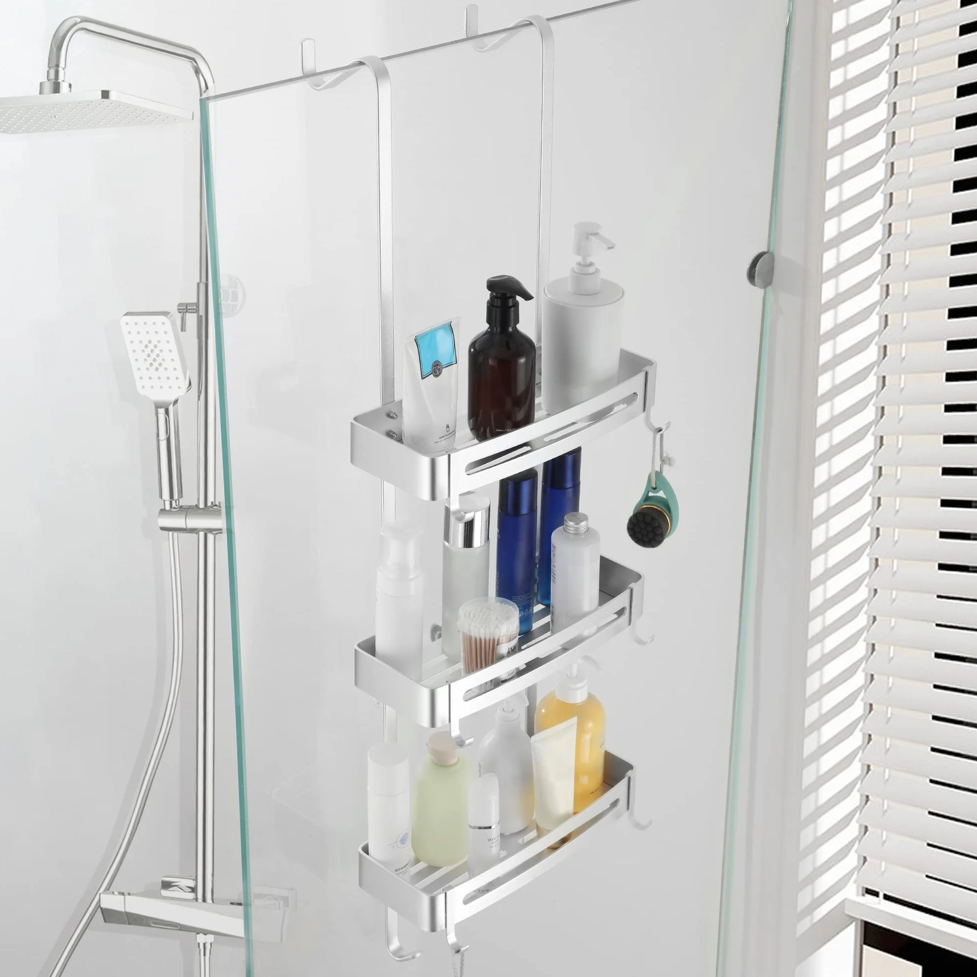 Organizador de ducha para baño, organizador de ducha para colgar sobre la puerta, estante de ducha de aluminio a prueba de óxido, estante de cesta con gancho(Plateado)