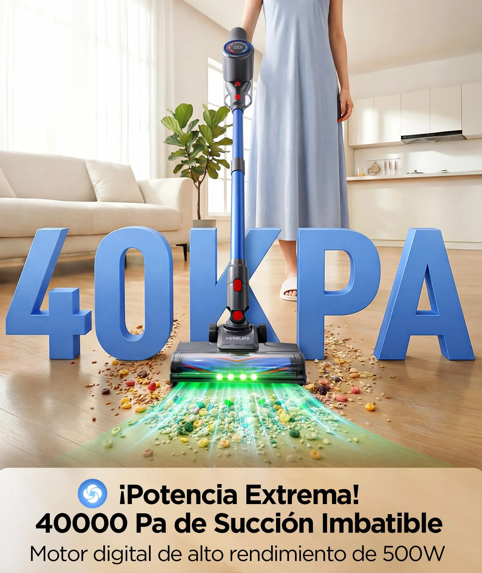 VersLife Aspiradora sin Cable 40KPA 500W Z8 Escoba Inalámbrica con Pantalla LED 45 Min Autonomía