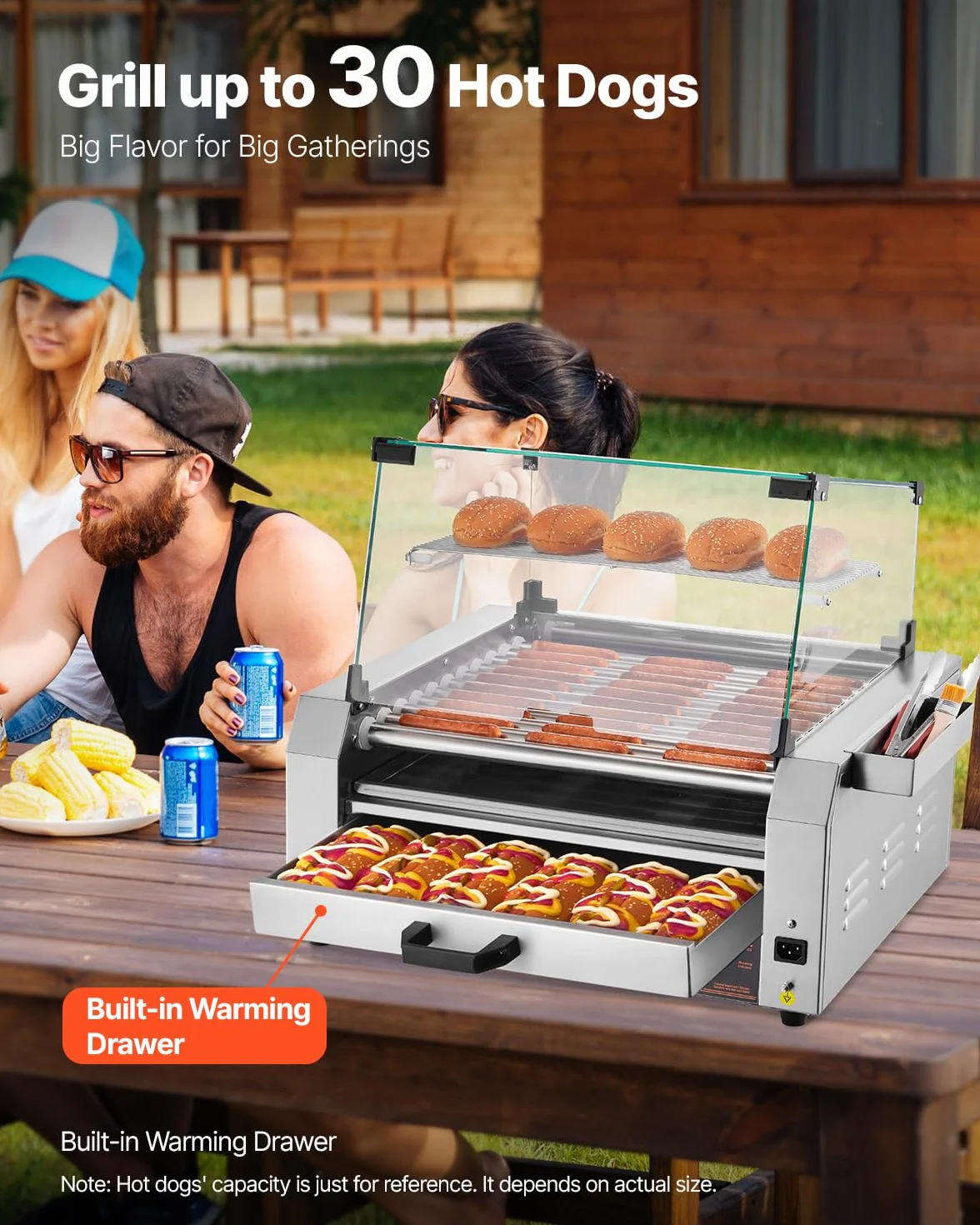 VEVOR Parrilla de Acero Inoxidable para Perros Calientes de 2400 W con Calentador de Panecillos, Cubierta, Control de 3 Temperaturas, Caja de Almacenamiento Lateral, 11 Rodillos, 5 r/min, Plata