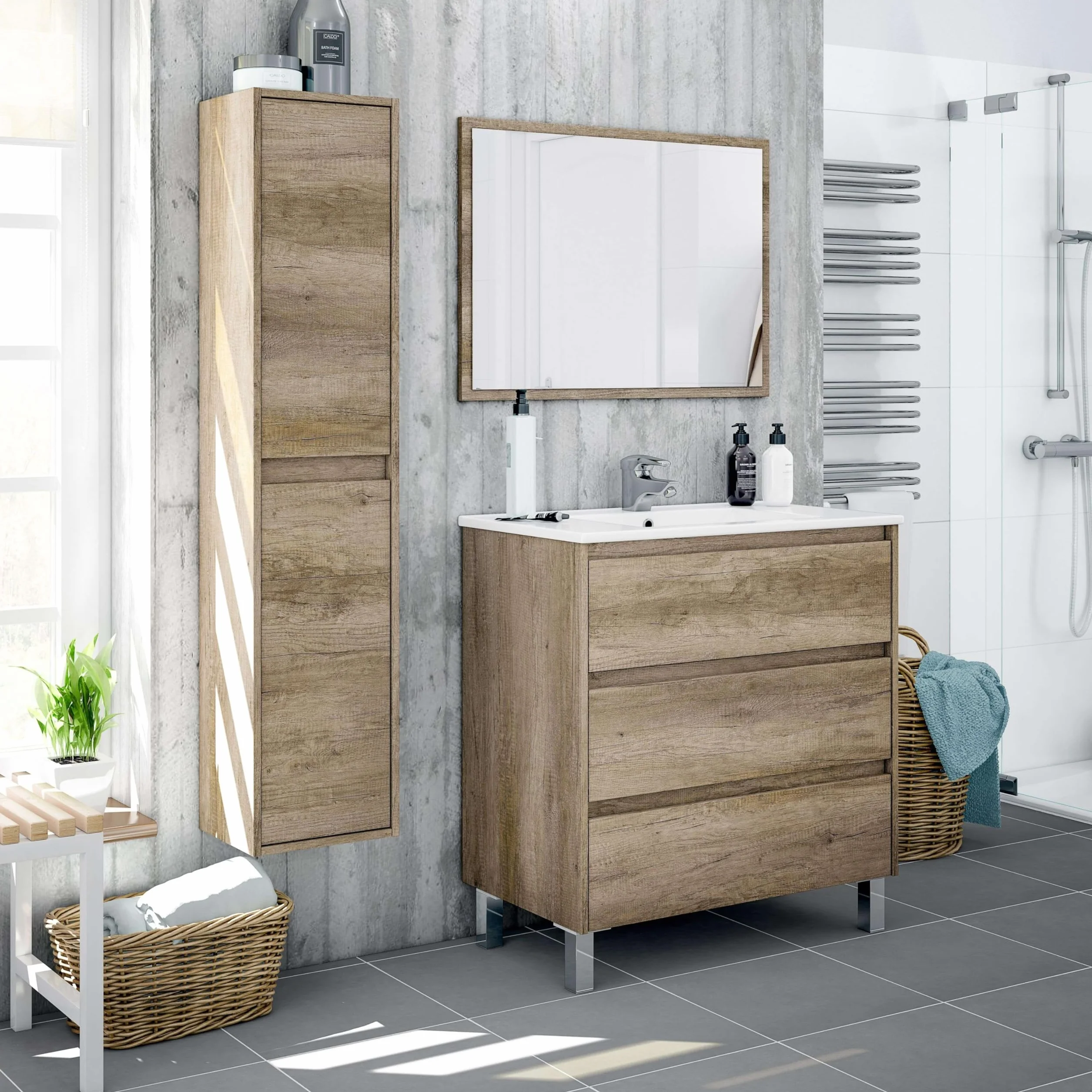 ARKITMOBEL Columna de Baño Suspendida 2 Puertas, 140x30x25,5 (AltoxAnchoxFondo-en cm), Color Nordik, Mueble de Baño, Modelo Dakota